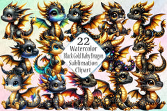 Cute Black and Gold Baby Dragon Clipart Bundle 45 - CraftNest - Digital Crafting and Art