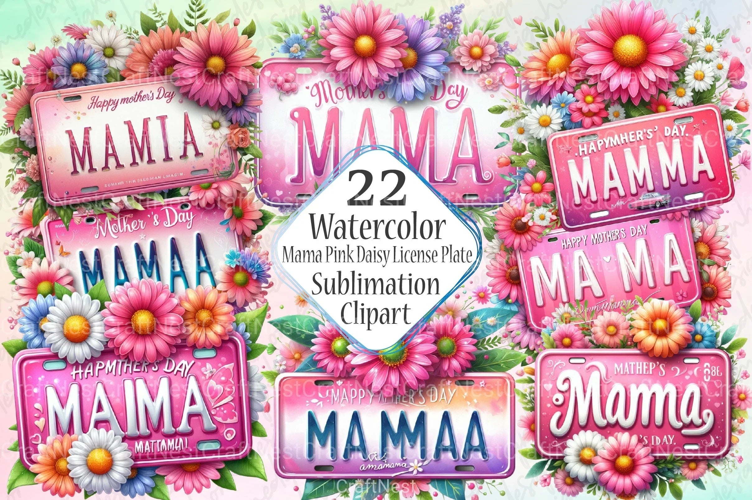 Mama Pink Daisy License Plate Clipart Bundle - CraftNest - Digital Crafting and Art