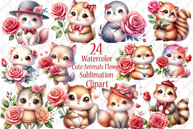Cute Animals Flower Clipart Bundle - CraftNest - Digital Crafting and Art