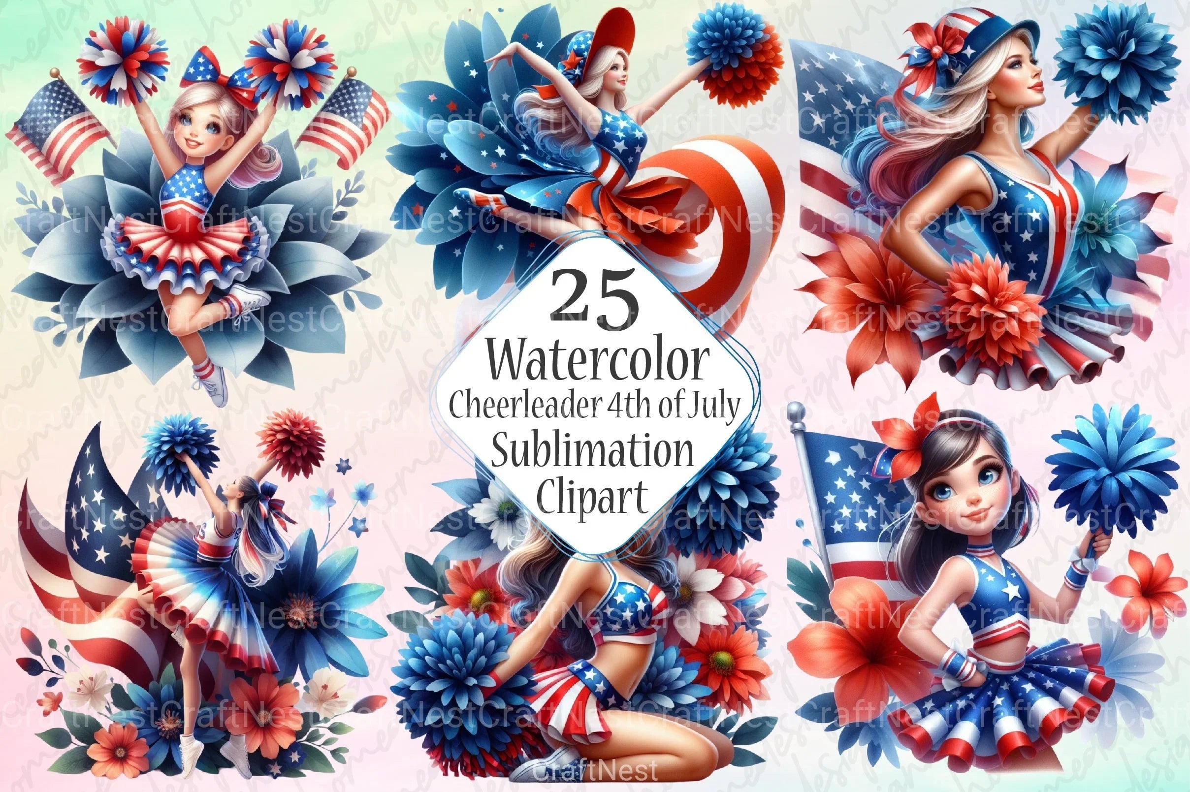 4th of July Cheerleader Clipart Bundle - CraftNest - Digital Crafting and Art