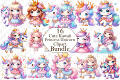 Cute Kawaii Princess Unicorn Clipart Bundle - CraftNest - Digital Crafting and Art