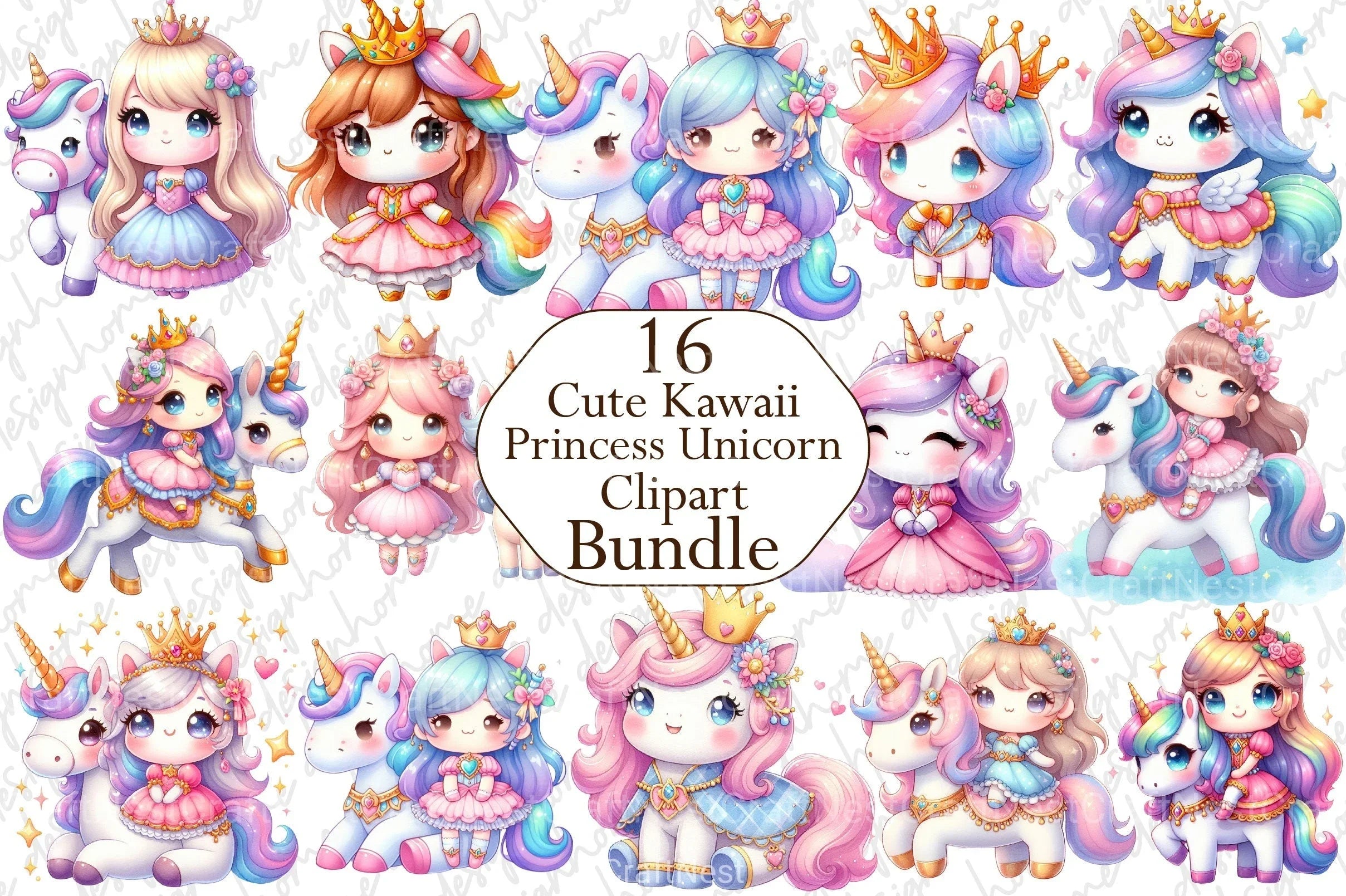 Cute Kawaii Princess Unicorn Clipart Bundle - CraftNest - Digital Crafting and Art