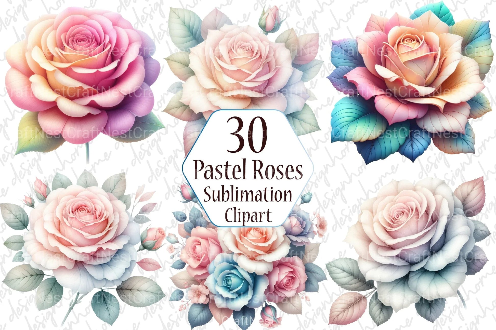 Pastel Roses Pink Blue Peach Floral Clipart Bundle - CraftNest - Digital Crafting and Art