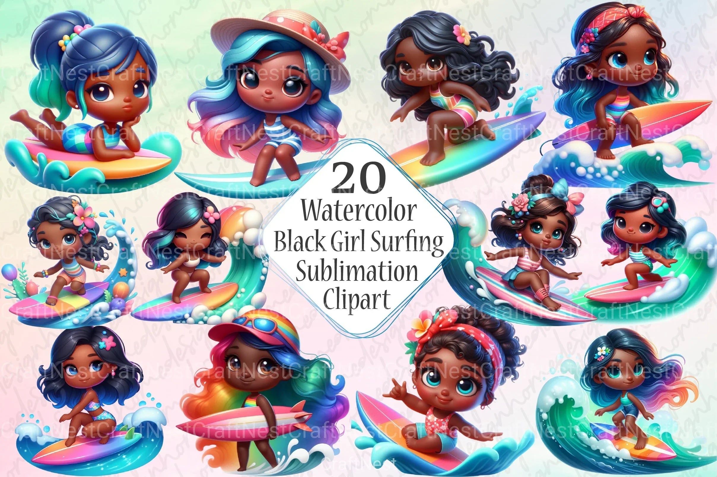 Black Girl Surfing Clipart Bundle - CraftNest - Digital Crafting and Art