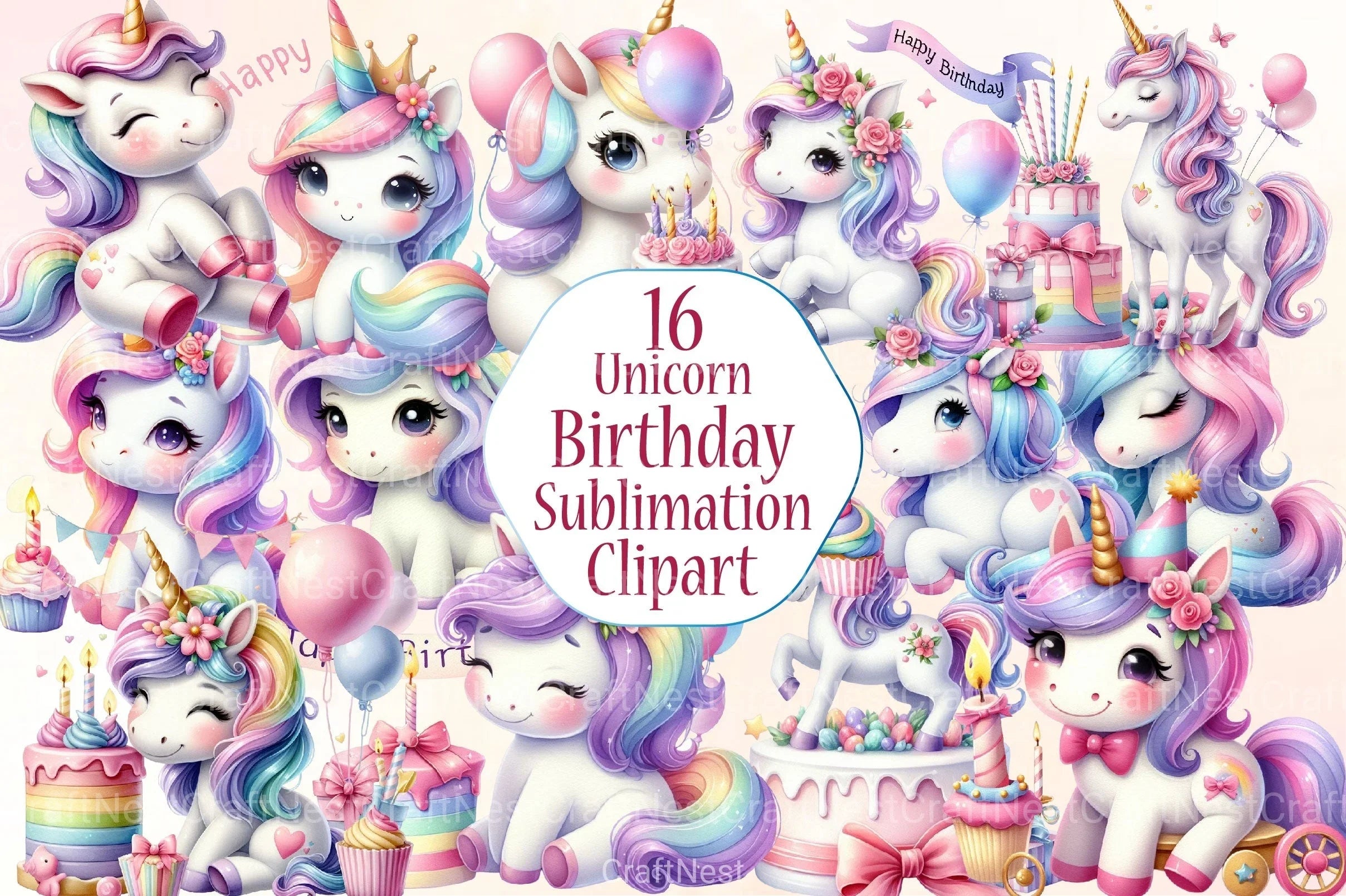 Unicorn Birthday Clipart Bundle 99 - CraftNest - Digital Crafting and Art