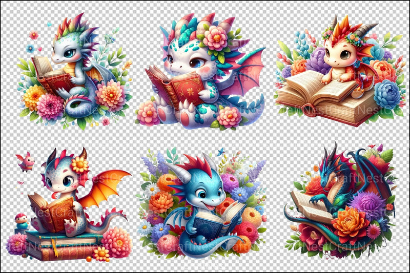 Cute Dragon Reading Clipart Bundle - CraftNest - Digital Crafting and Art