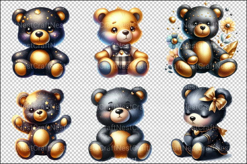 Cute Black and Gold Teddy Bear Clipart Bundle - CraftNest - Digital Crafting and Art