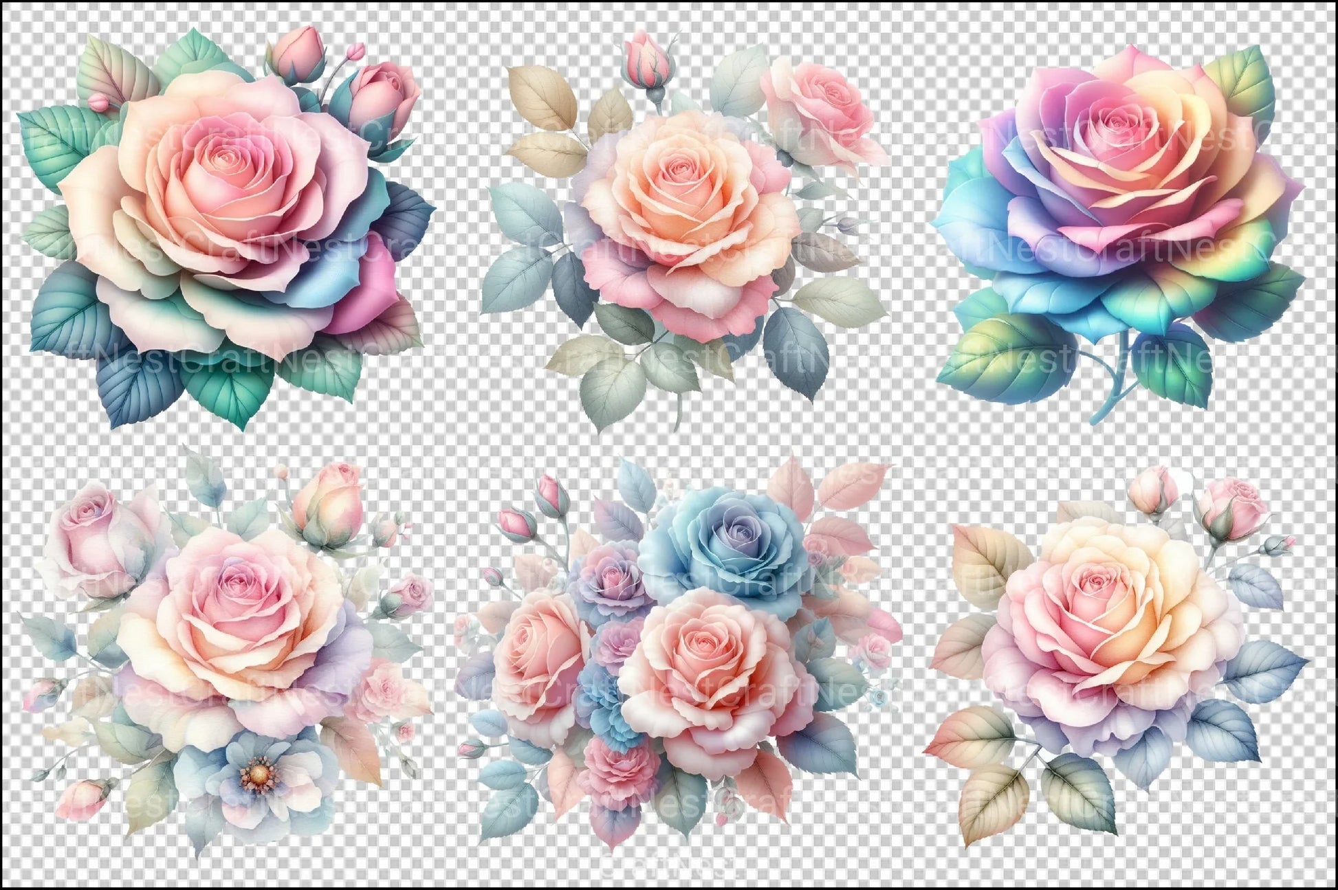 Pastel Roses Pink Blue Peach Floral Clipart Bundle - CraftNest - Digital Crafting and Art