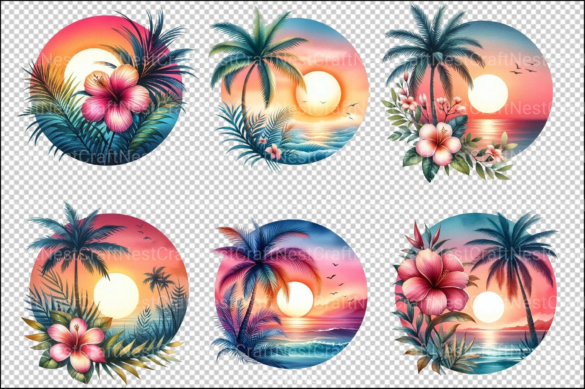Tropical Sunset Palm Flower Clipart Bundle - CraftNest - Digital Crafting and Art
