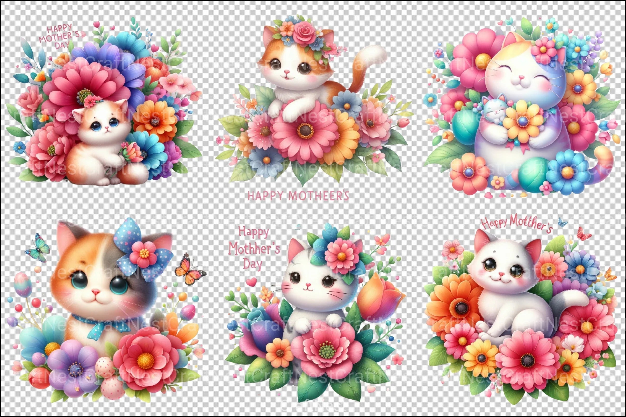 Mother's Day Floral Cats Clipart Bundle - CraftNest - Digital Crafting and Art