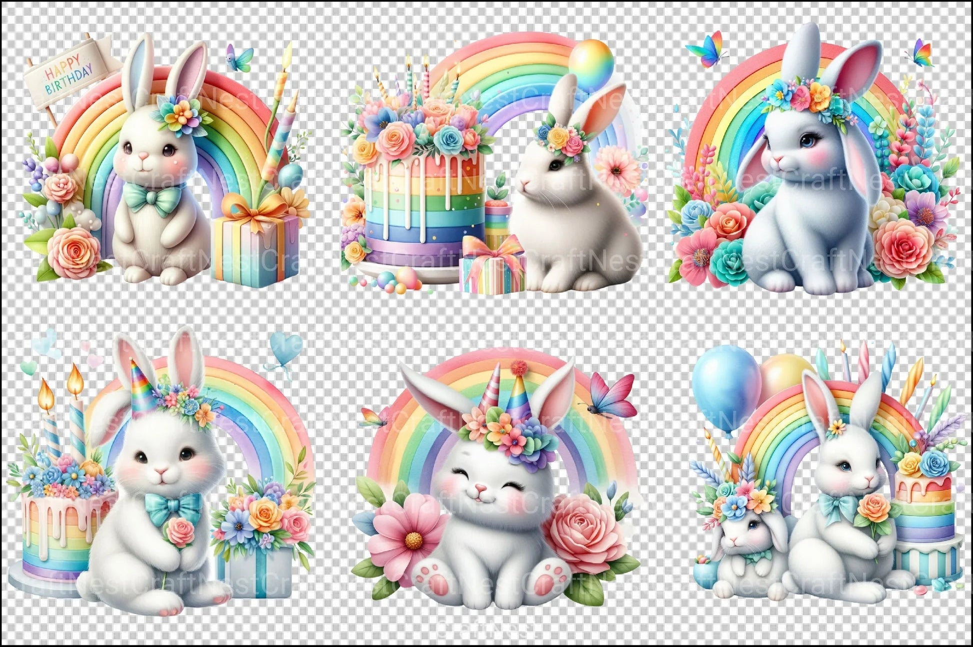 Rainbow Bunny Birthday Clipart Bundle - CraftNest - Digital Crafting and Art