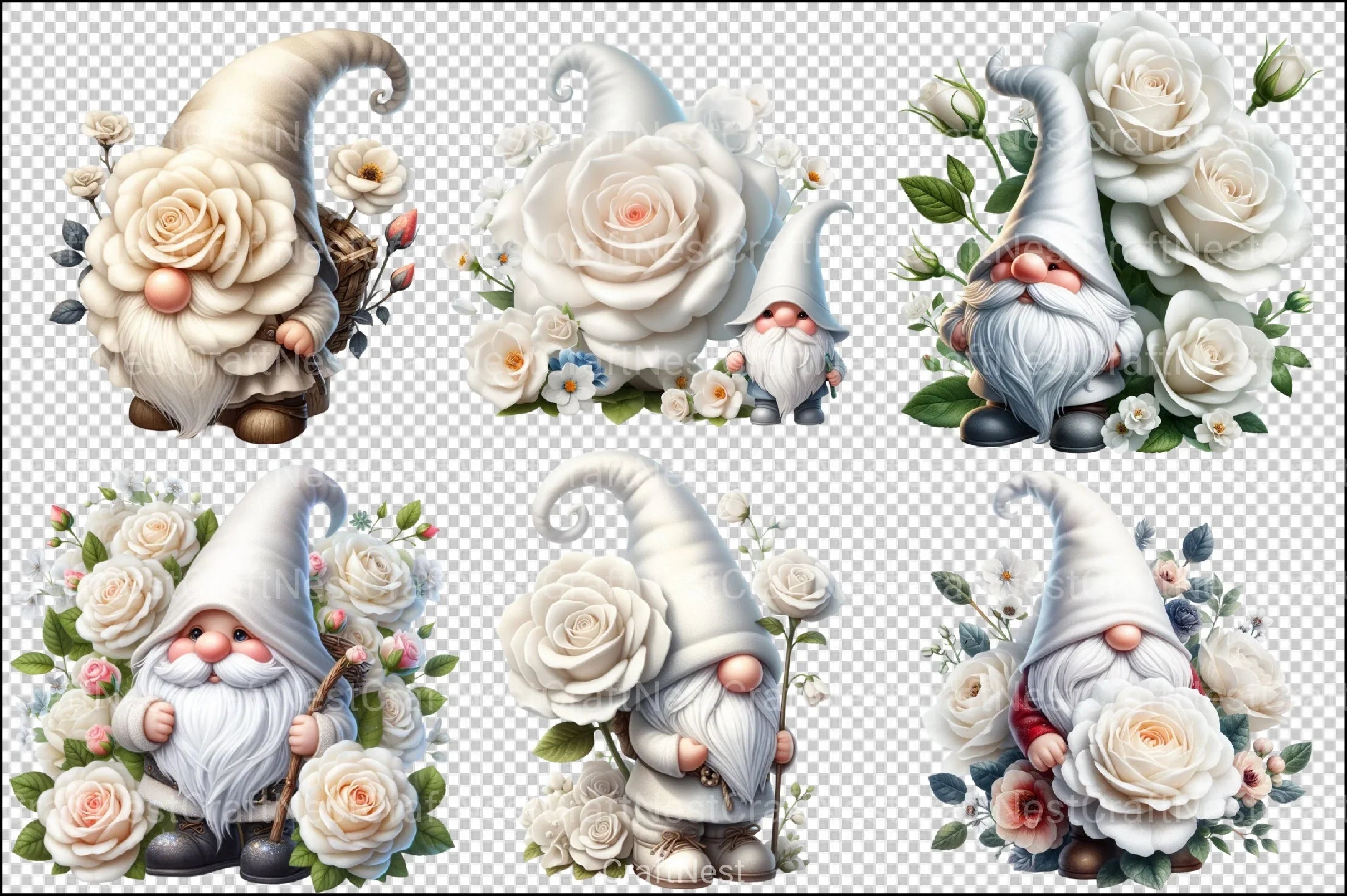 White Rose Gnome Clipart Bundle - CraftNest - Digital Crafting and Art