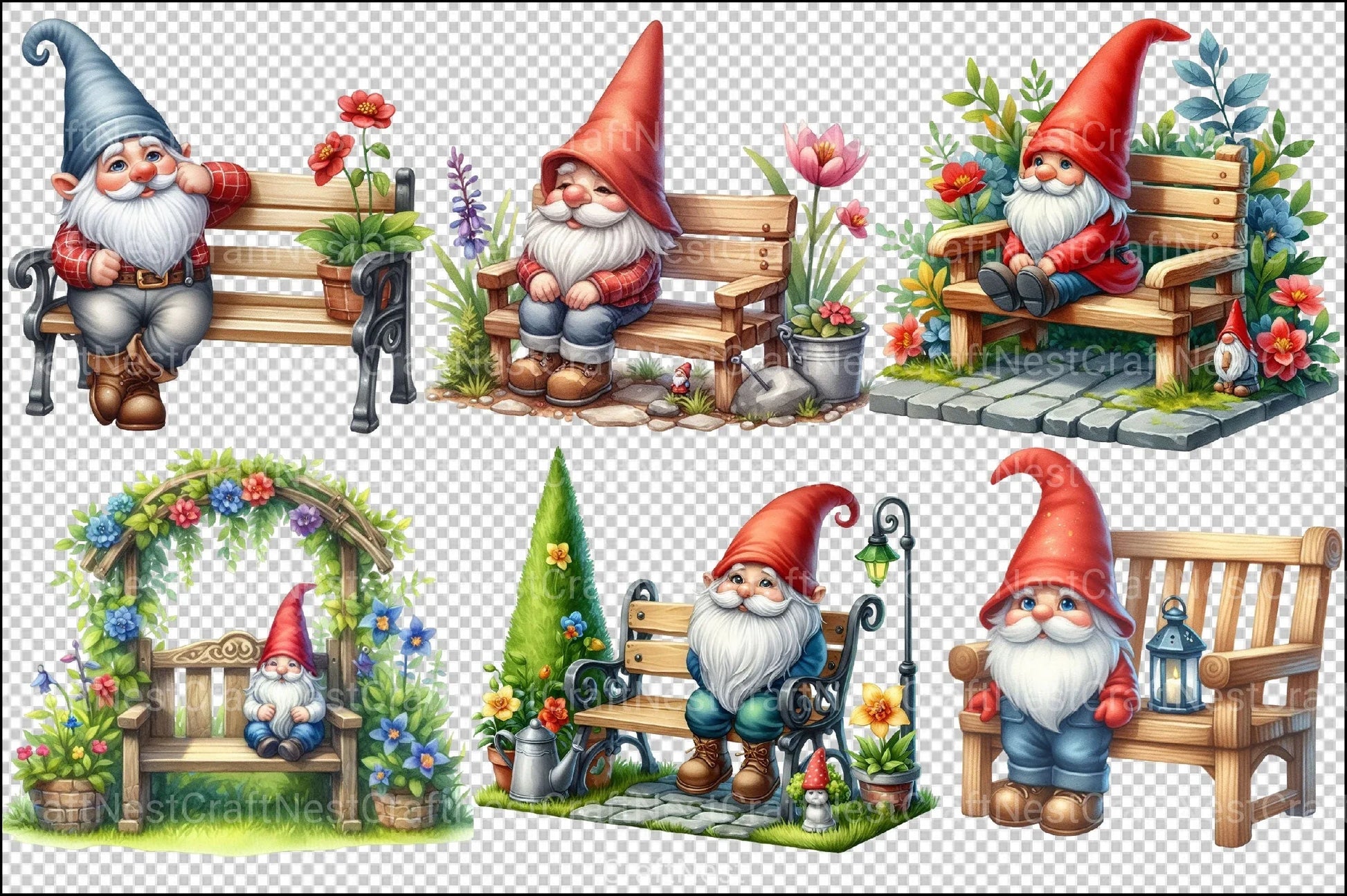 Garden Bench Gnome Clipart Bundle - CraftNest - Digital Crafting and Art