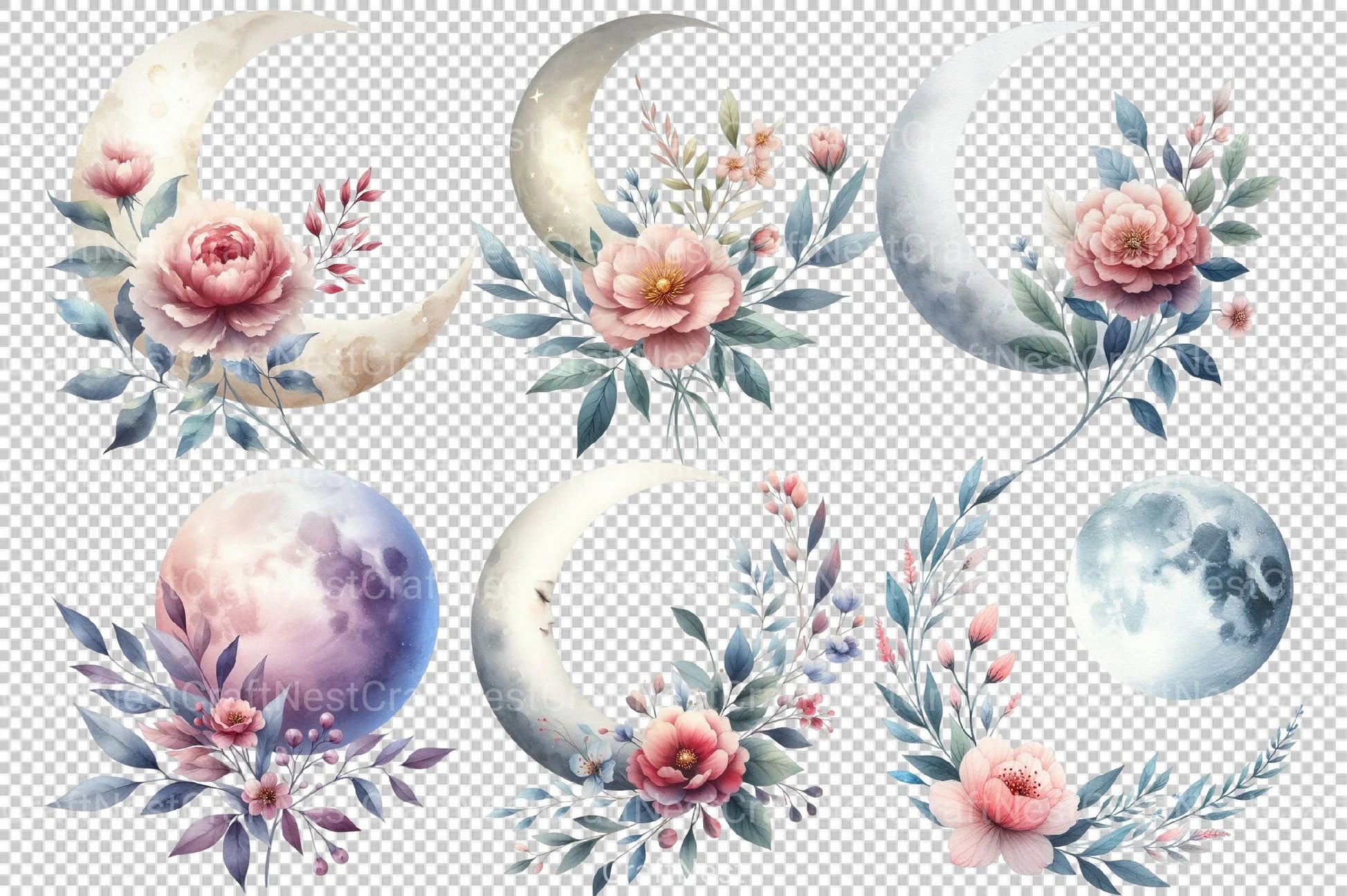 Floral Moon Clipart Bundle 1 - CraftNest - Digital Crafting and Art