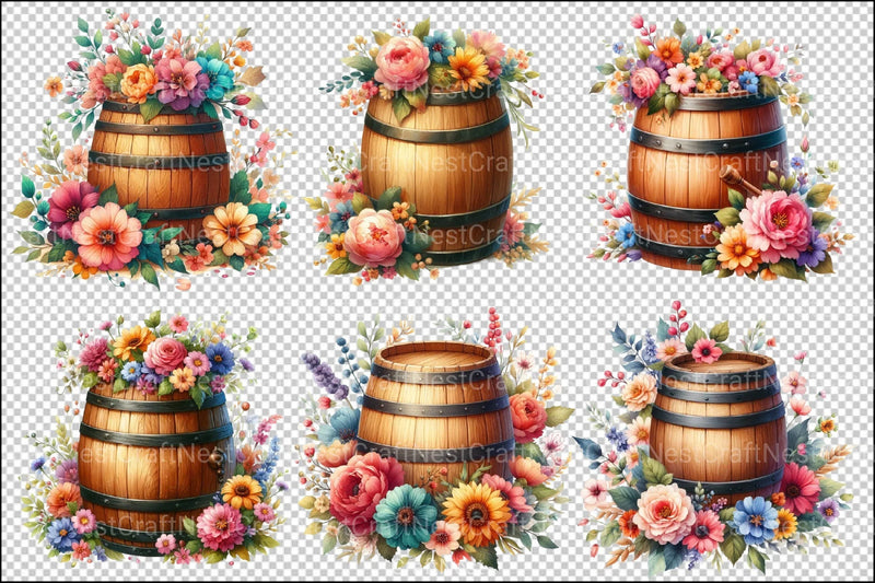 Spring Floral Wooden Barrel Clipart Bundle - CraftNest - Digital Crafting and Art