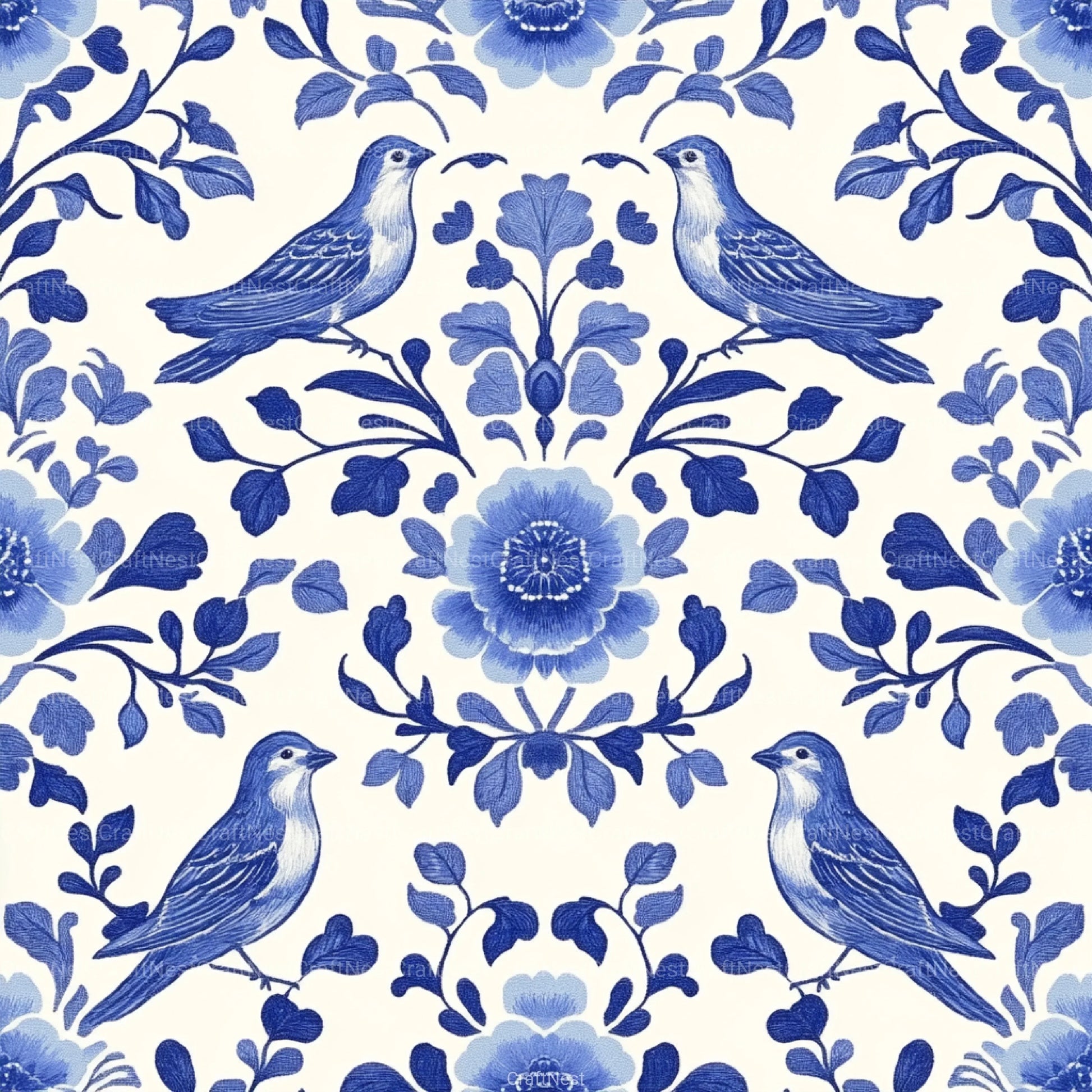 Blue Birds & Flowers Chinoiserie Pattern Clipart Bundle - CraftNest - Digital Crafting and Art