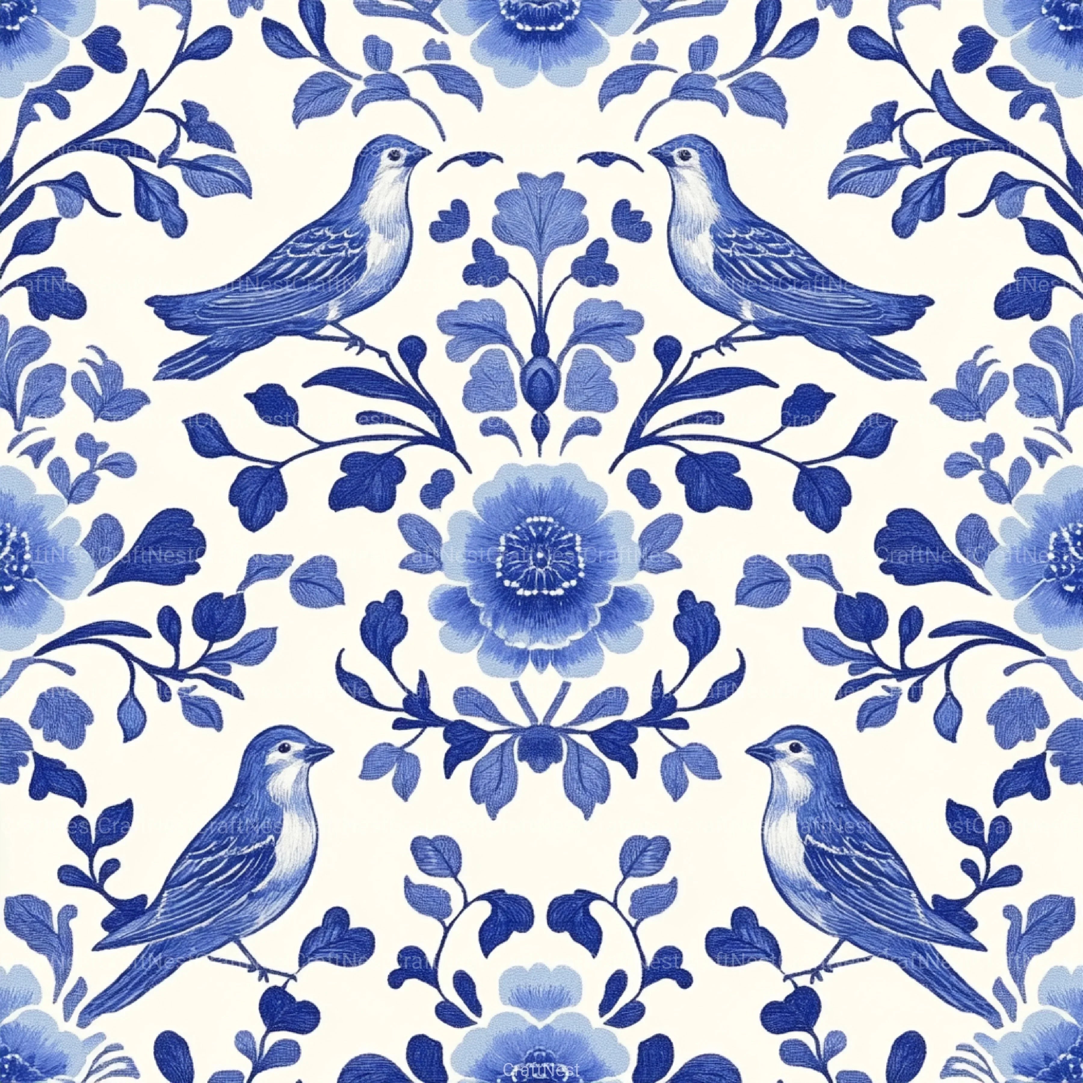 Blue Birds & Flowers Chinoiserie Pattern Clipart Bundle - CraftNest - Digital Crafting and Art