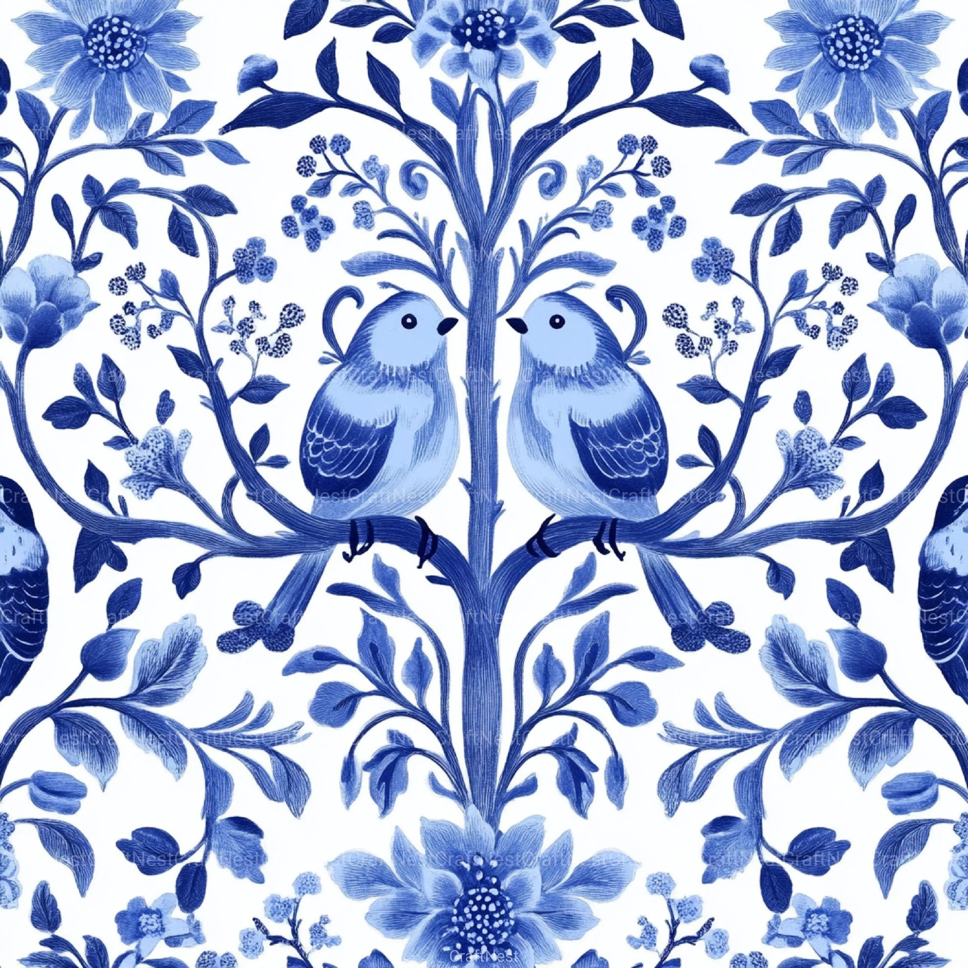 Blue Birds & Flowers Chinoiserie Pattern Clipart Bundle - CraftNest - Digital Crafting and Art