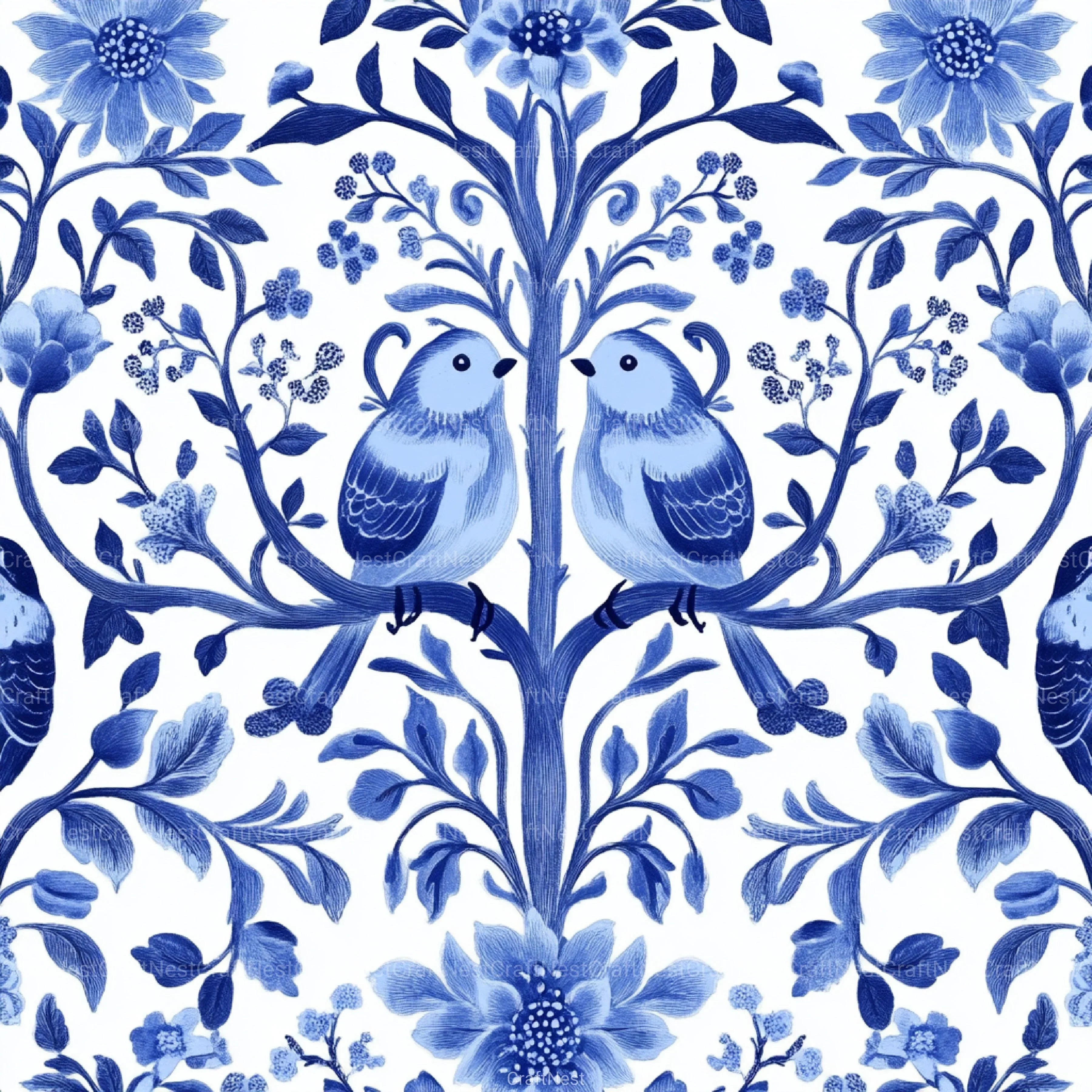 Blue Birds & Flowers Chinoiserie Pattern Clipart Bundle - CraftNest - Digital Crafting and Art