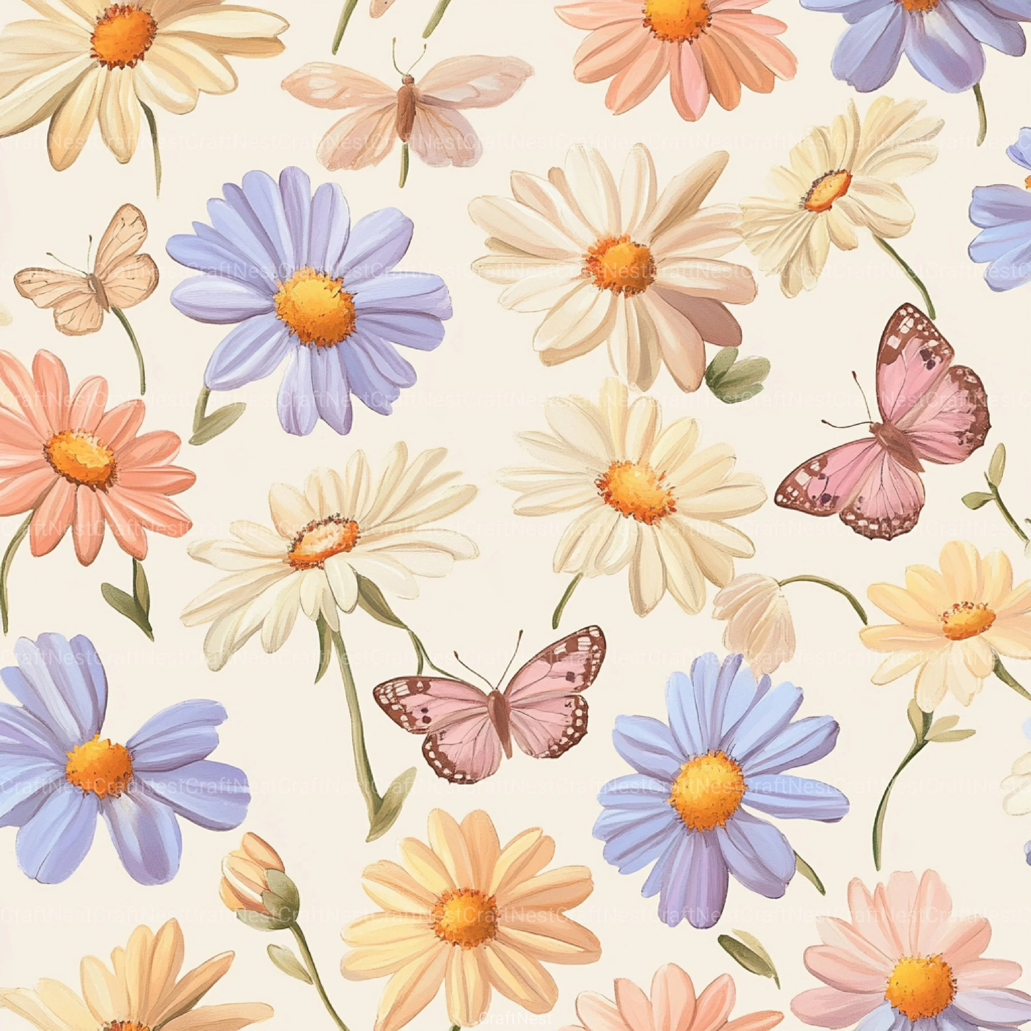 Pastel Daisy Flowers & Butterflies Pattern Clipart Bundle - CraftNest - Digital Crafting and Art