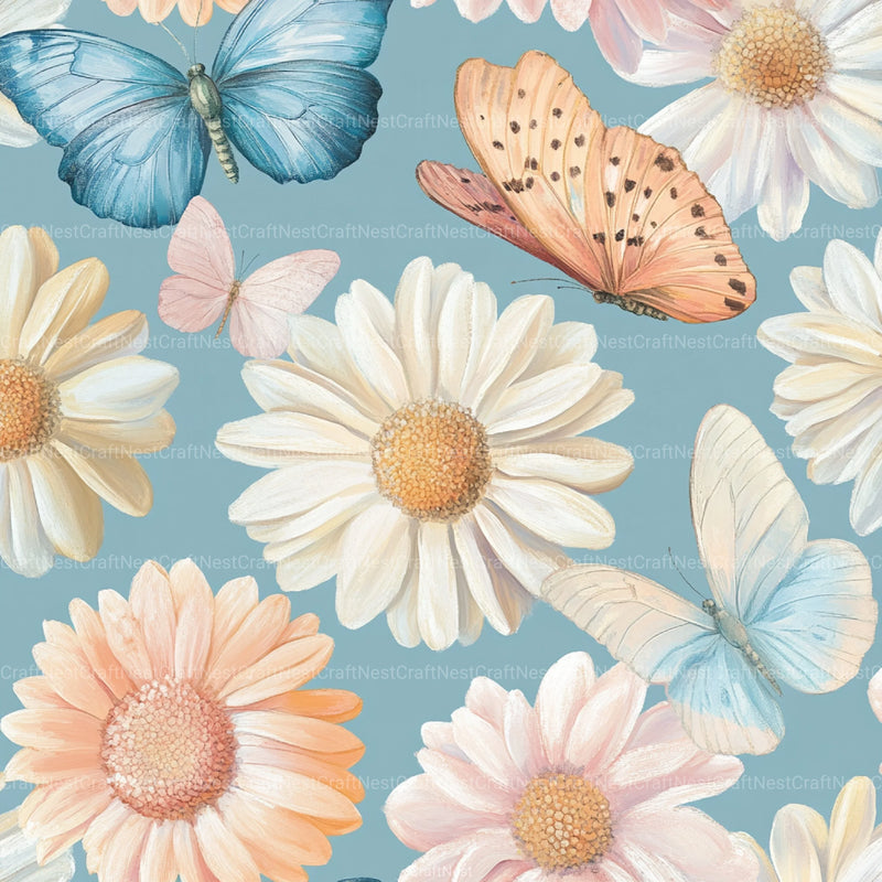 Pastel Daisy Flowers & Butterflies Pattern Clipart Bundle - CraftNest - Digital Crafting and Art