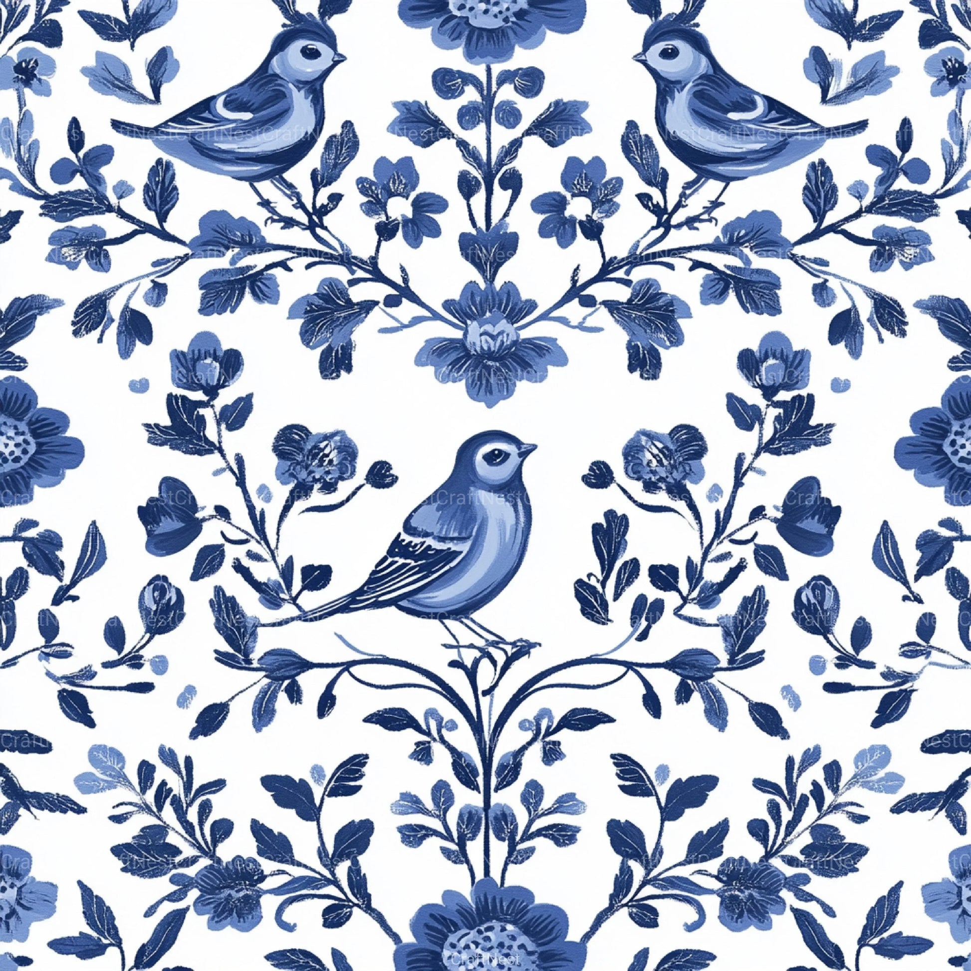 Blue Birds & Flowers Chinoiserie Pattern Clipart Bundle - CraftNest - Digital Crafting and Art