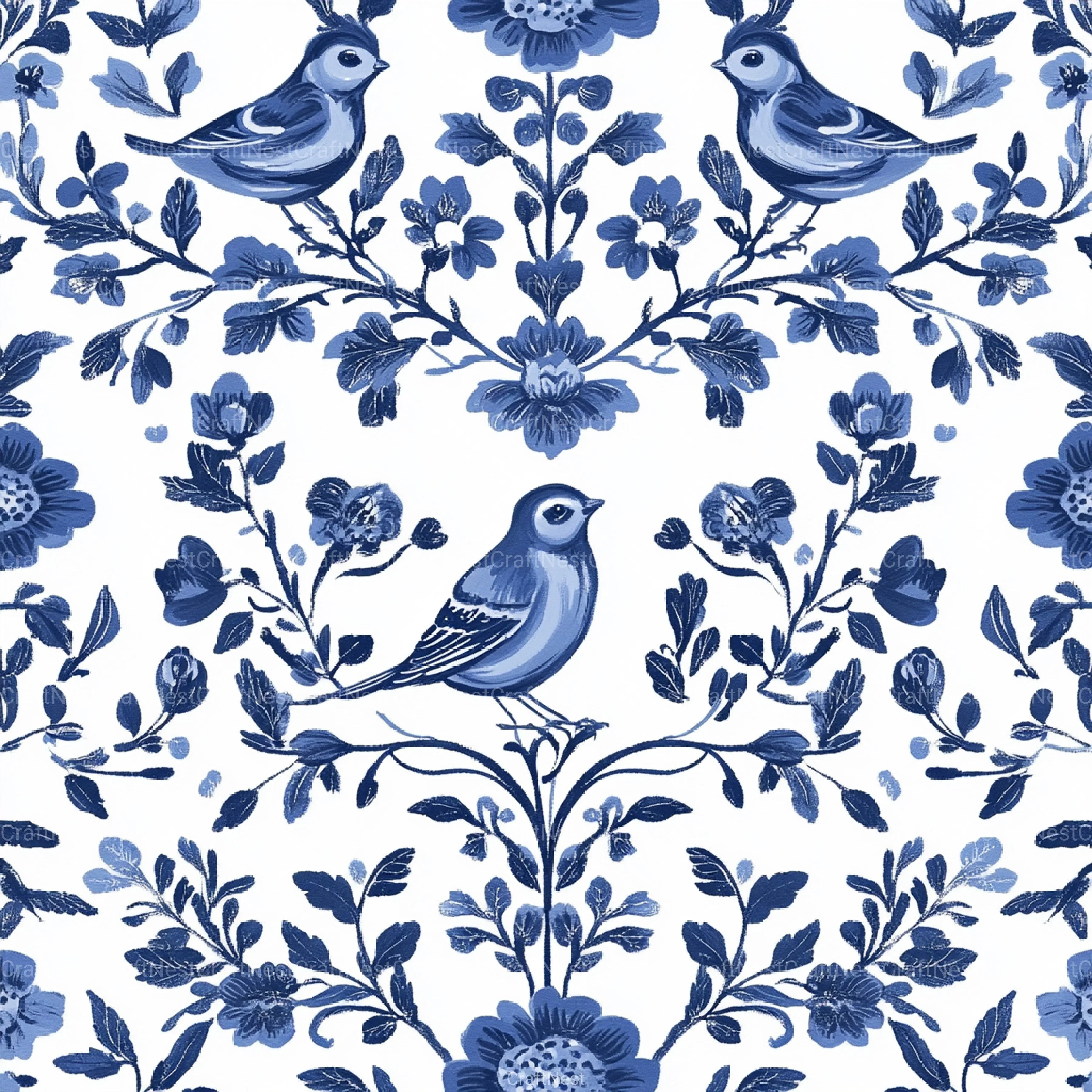 Blue Birds & Flowers Chinoiserie Pattern Clipart Bundle - CraftNest - Digital Crafting and Art
