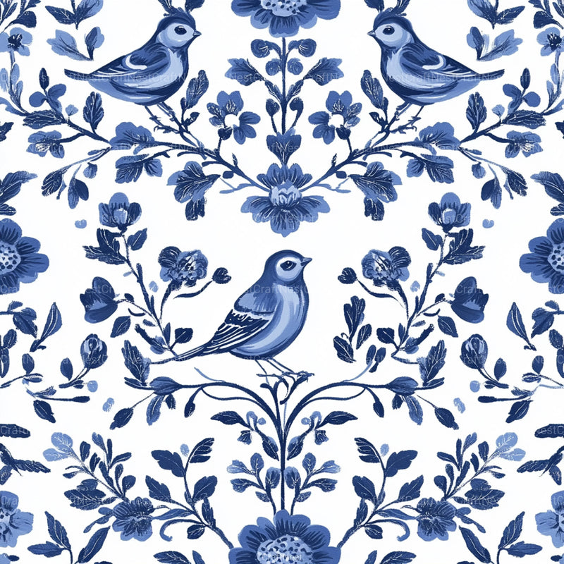 Blue Birds & Flowers Chinoiserie Pattern Clipart Bundle - CraftNest - Digital Crafting and Art