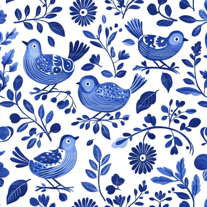 Blue Birds & Flowers Chinoiserie Pattern Clipart Bundle - CraftNest - Digital Crafting and Art