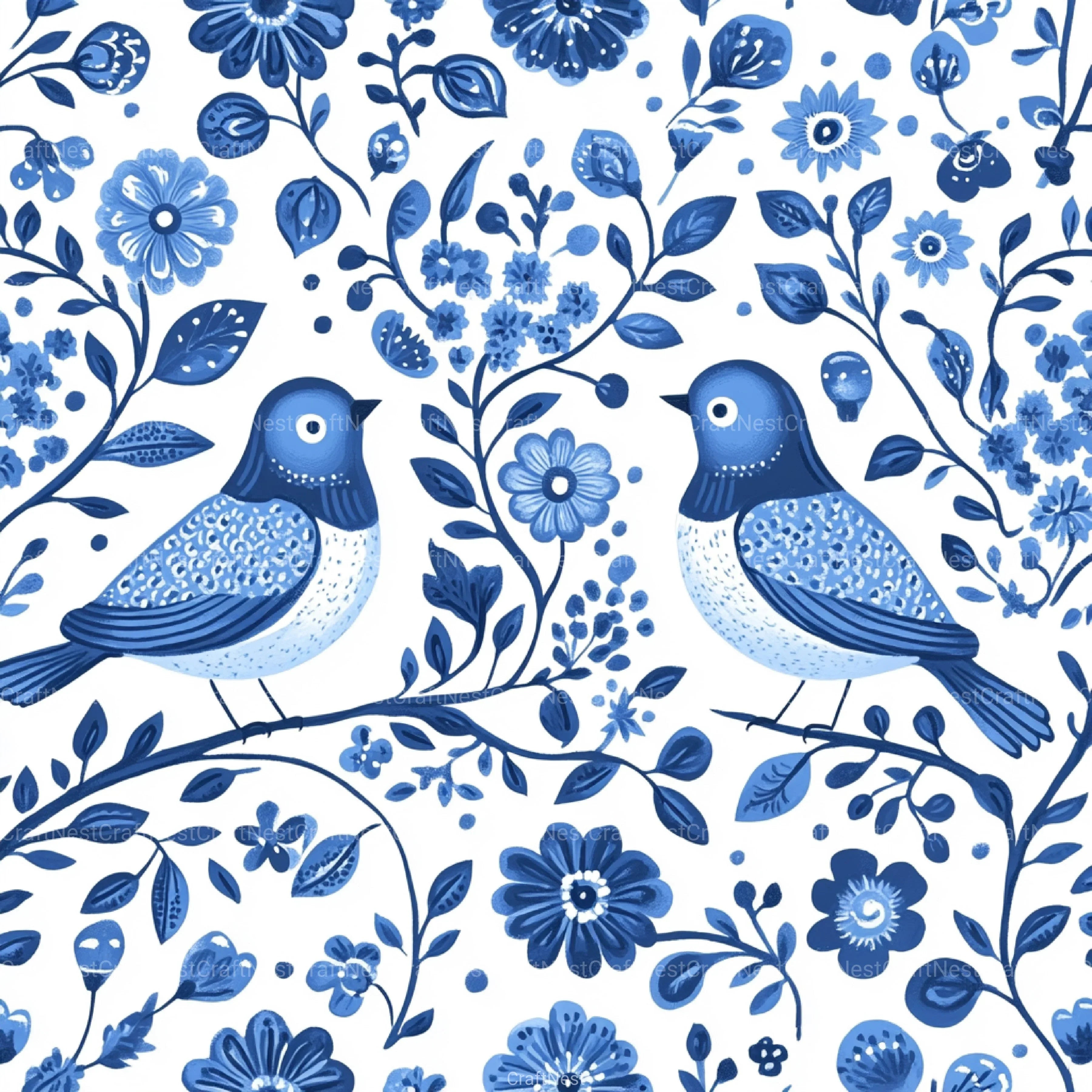 Blue Birds & Flowers Chinoiserie Pattern Clipart Bundle - CraftNest - Digital Crafting and Art