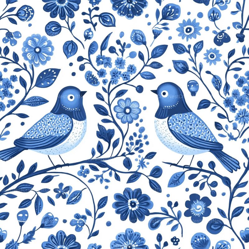 Blue Birds & Flowers Chinoiserie Pattern Clipart Bundle - CraftNest - Digital Crafting and Art
