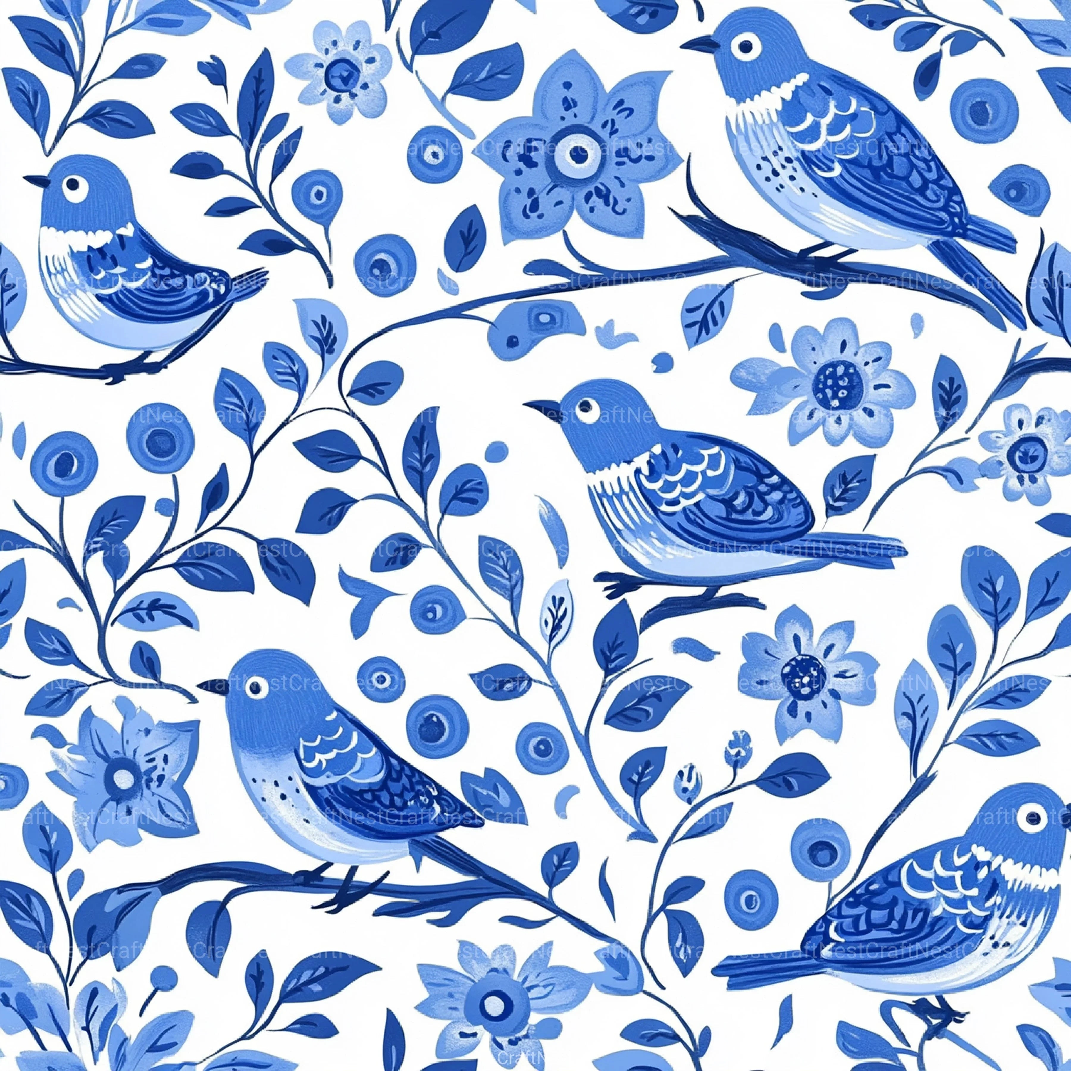 Blue Birds & Flowers Chinoiserie Pattern Clipart Bundle - CraftNest - Digital Crafting and Art