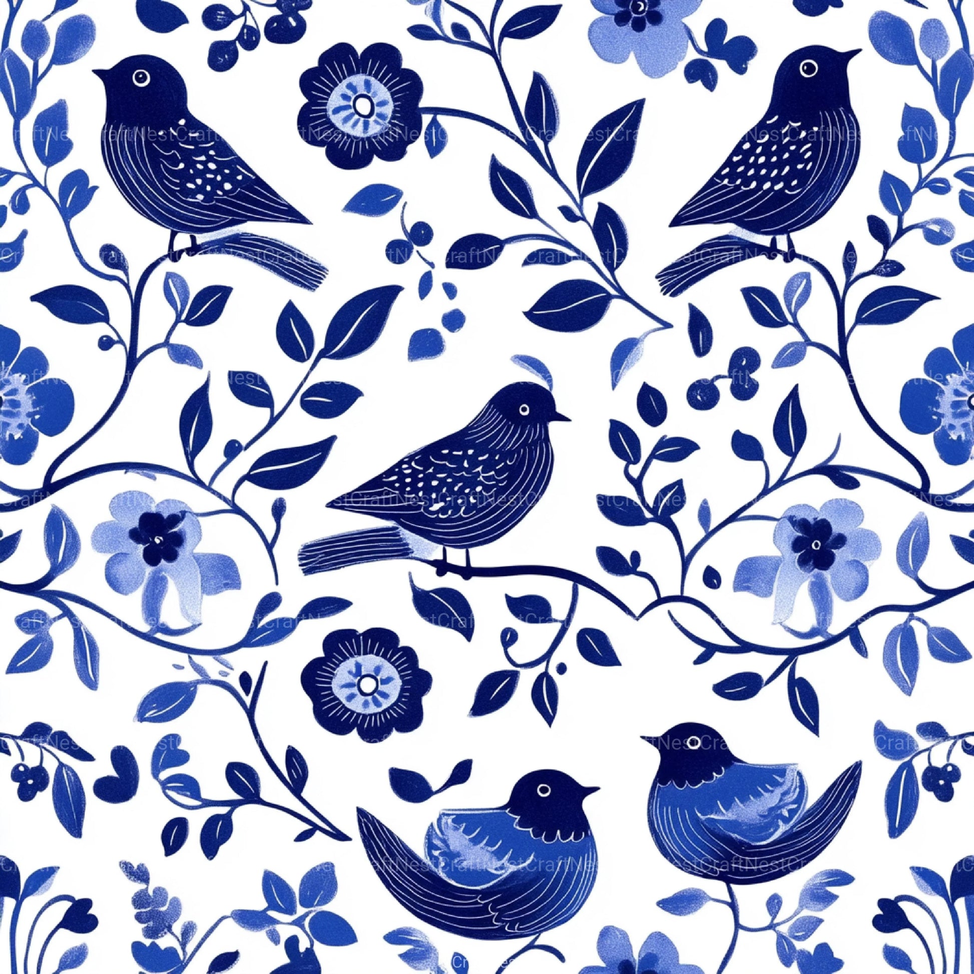 Blue Birds & Flowers Chinoiserie Pattern Clipart Bundle - CraftNest - Digital Crafting and Art