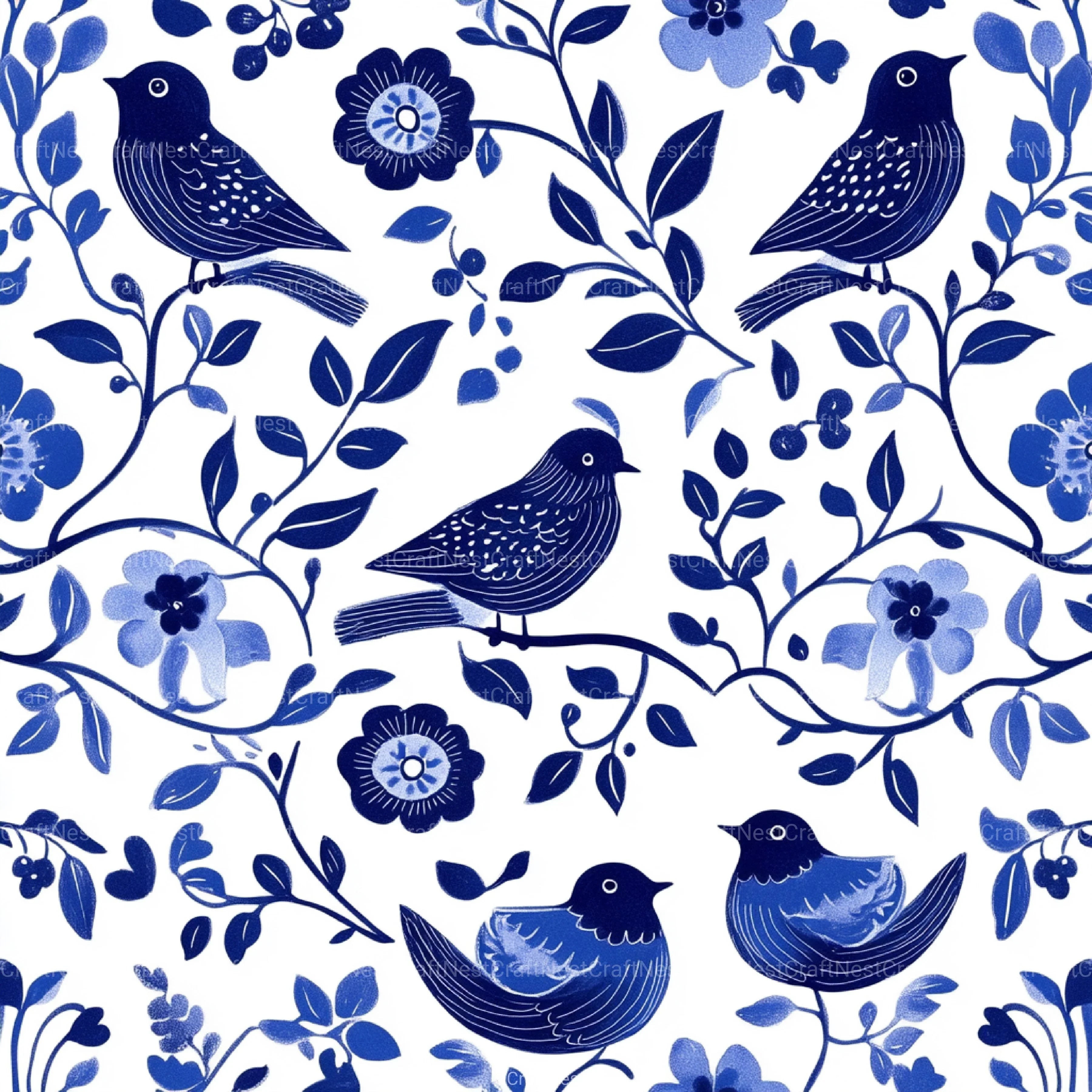 Blue Birds & Flowers Chinoiserie Pattern Clipart Bundle - CraftNest - Digital Crafting and Art