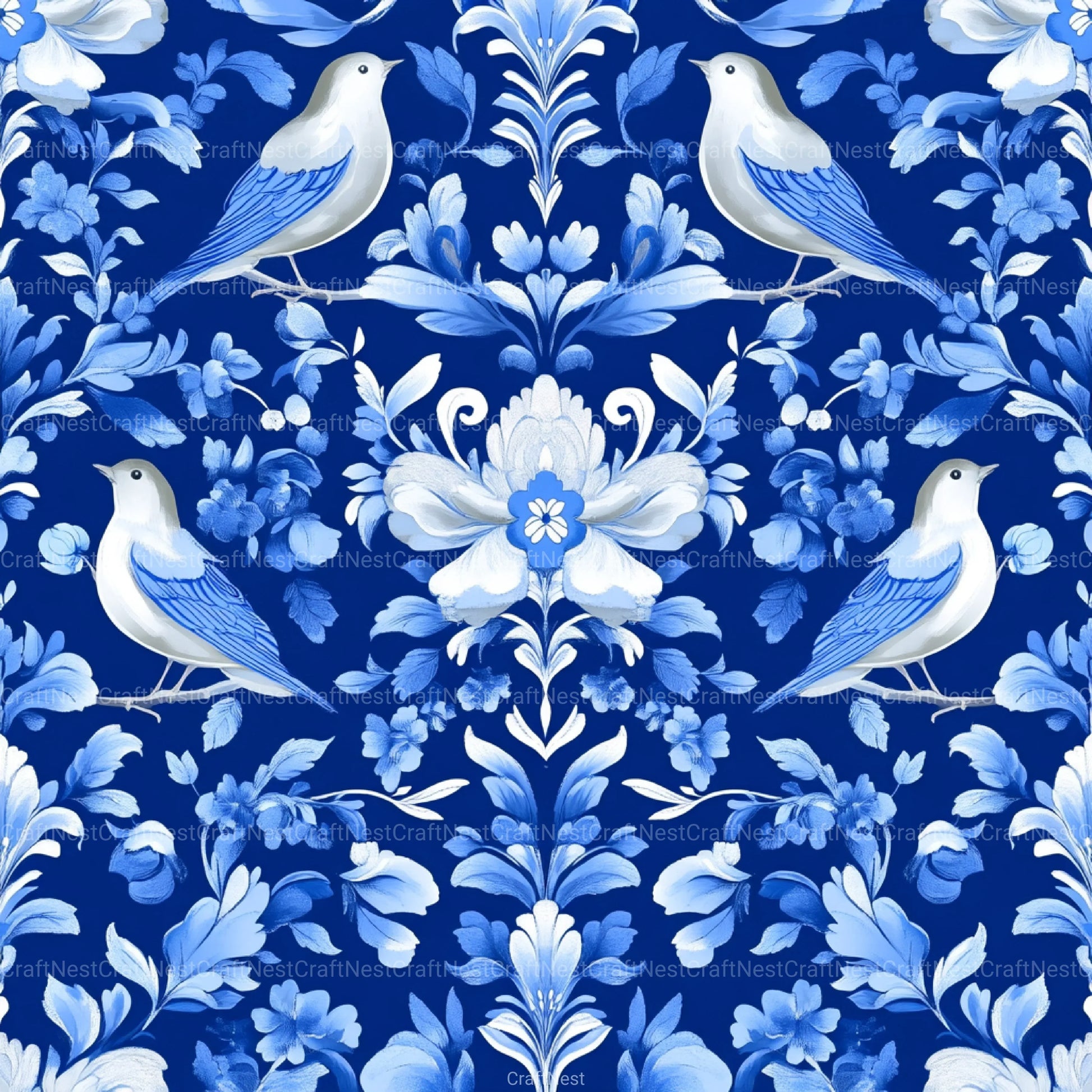 Blue Birds & Flowers Chinoiserie Pattern Clipart Bundle - CraftNest - Digital Crafting and Art