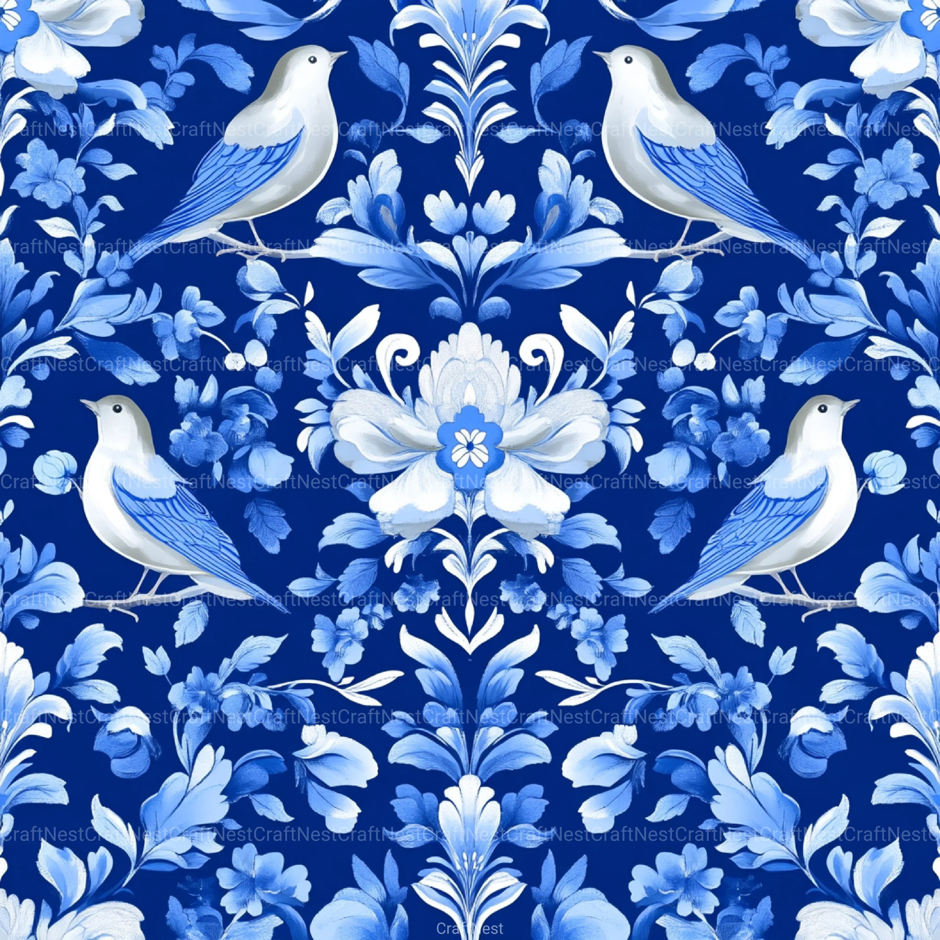 Blue Birds & Flowers Chinoiserie Pattern Clipart Bundle - CraftNest - Digital Crafting and Art
