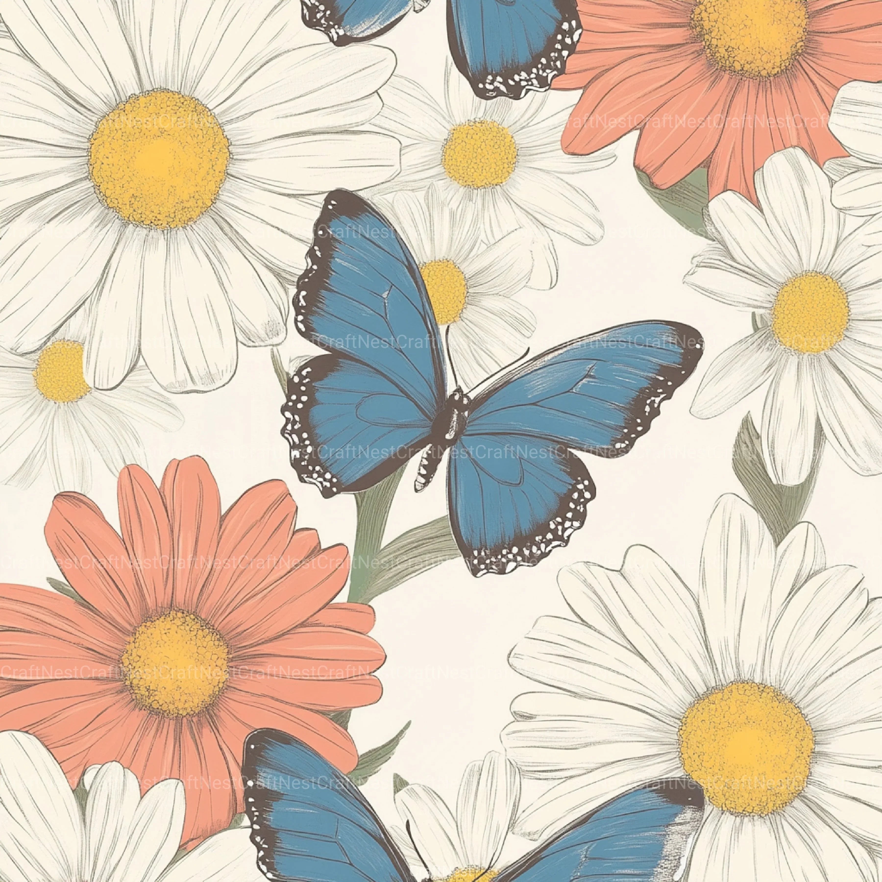Pastel Daisy Flowers & Butterflies Pattern Clipart Bundle - CraftNest - Digital Crafting and Art