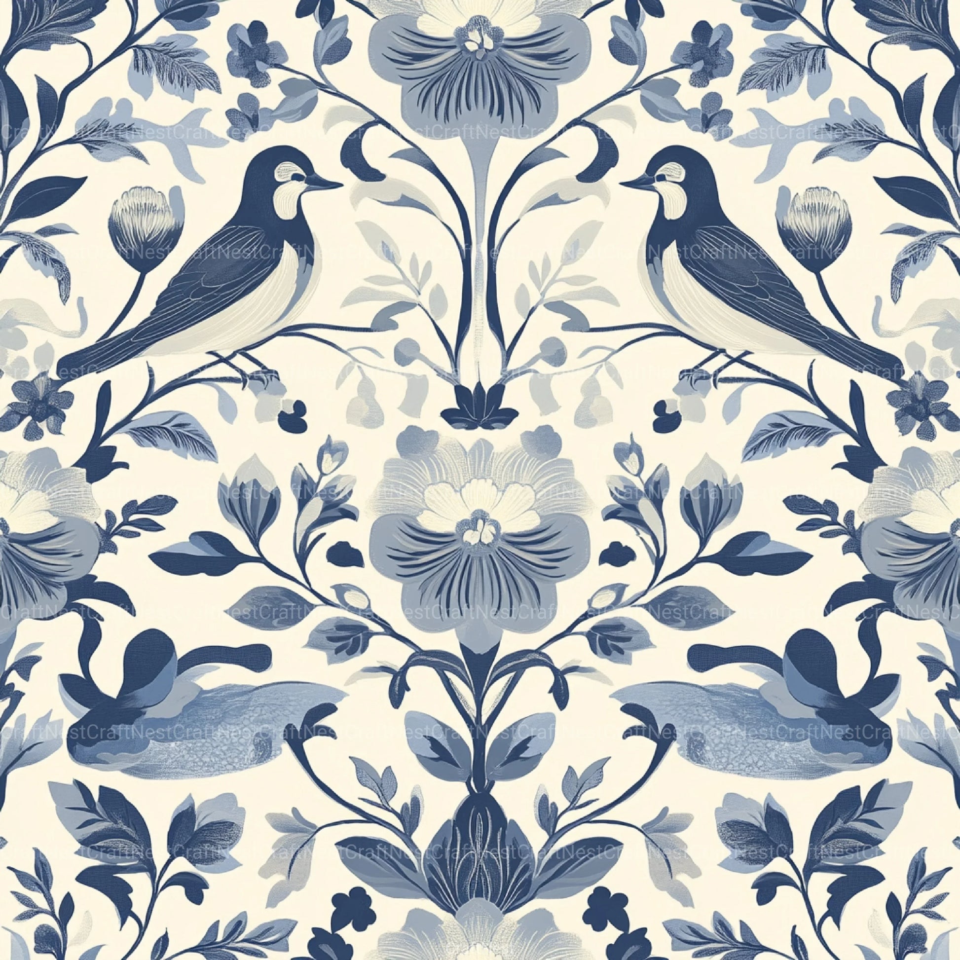 Blue Birds & Flowers Chinoiserie Pattern Clipart Bundle - CraftNest - Digital Crafting and Art