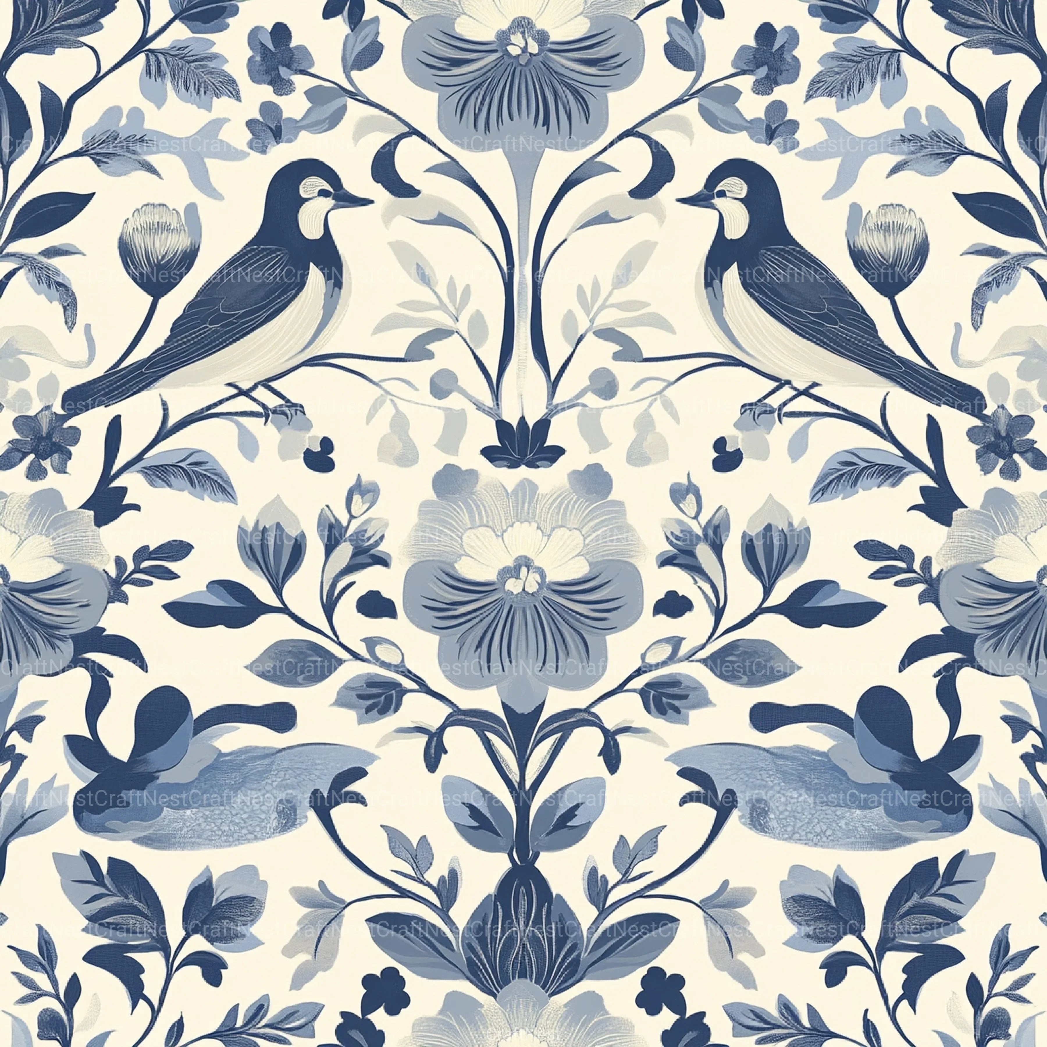 Blue Birds & Flowers Chinoiserie Pattern Clipart Bundle - CraftNest - Digital Crafting and Art