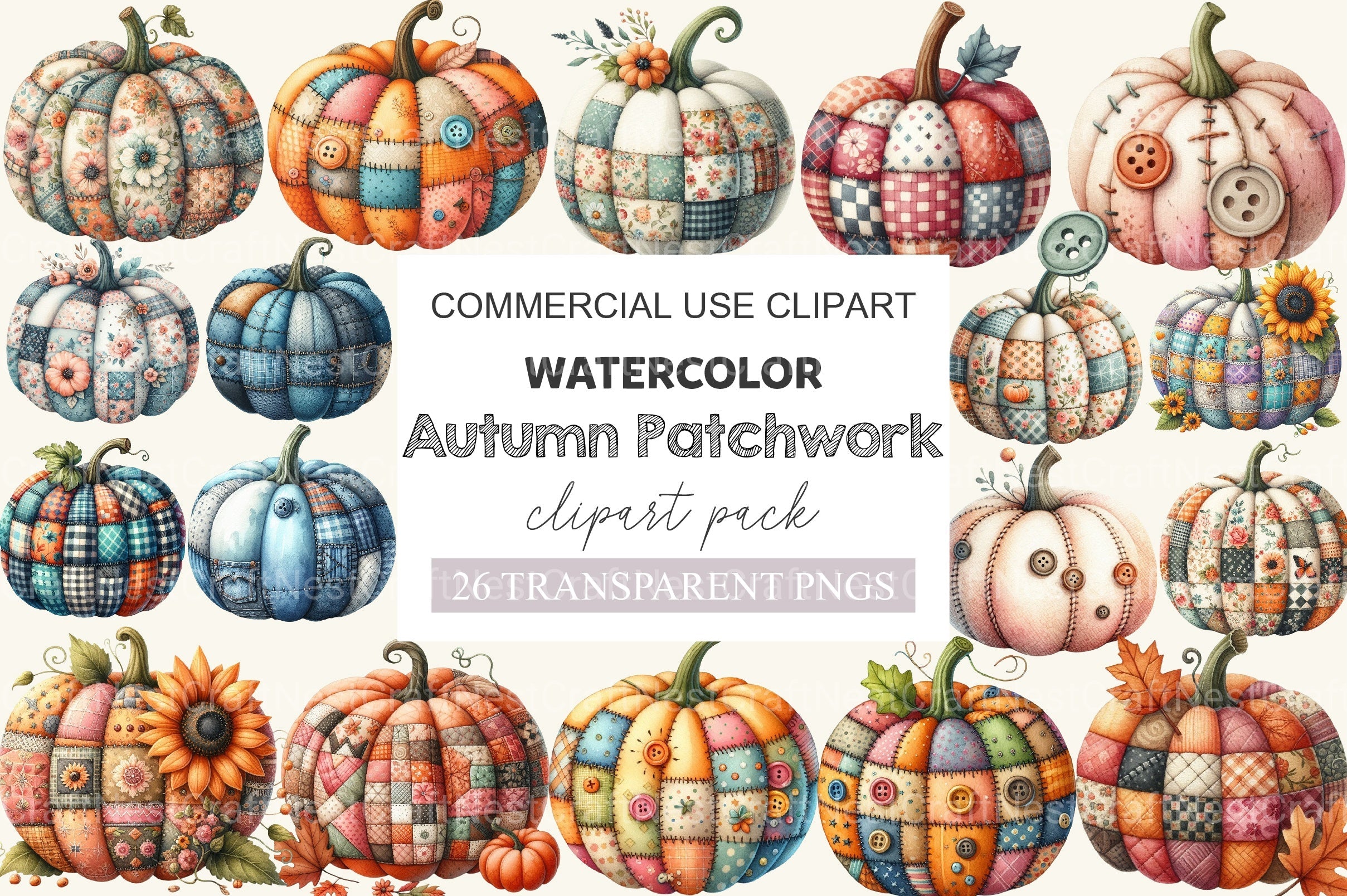 Autumn Patchwork Pumpkin Clipart Bundle 2