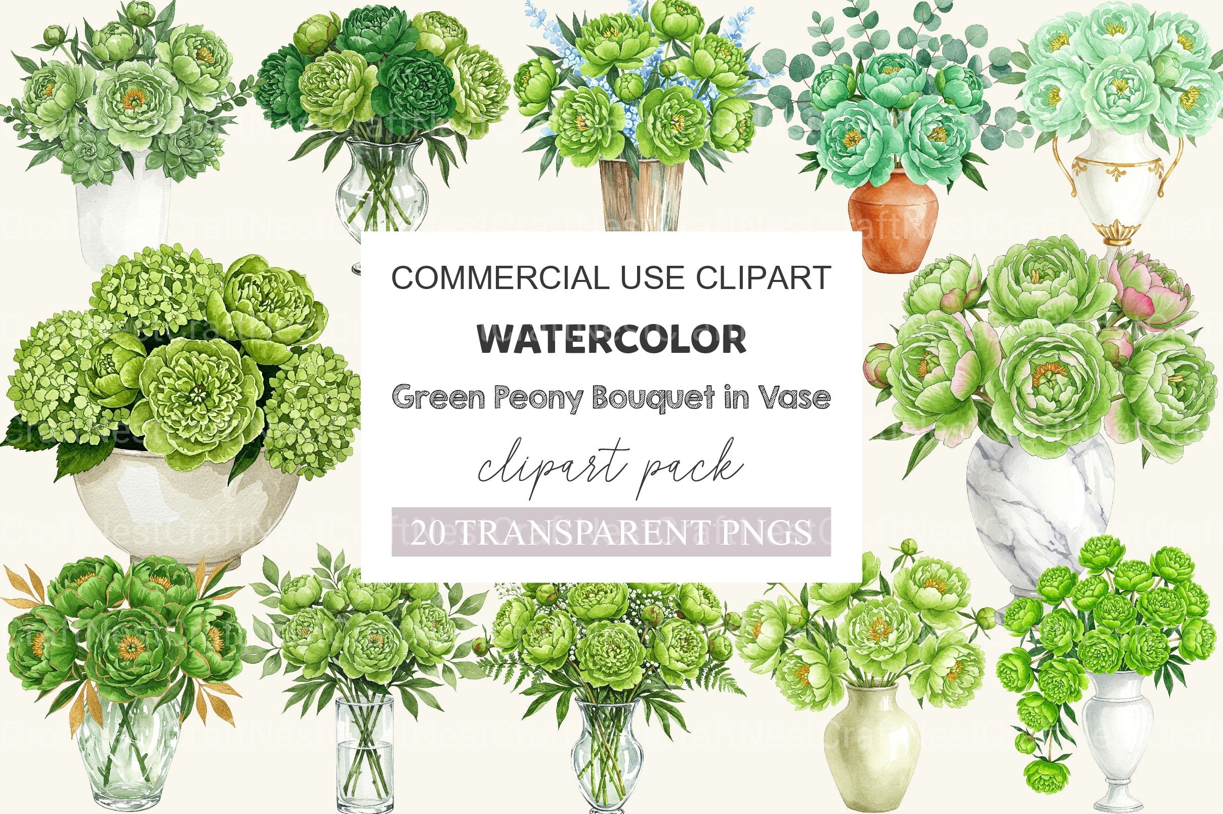Green Peony Bouquet In Vase Clipart Bundle
