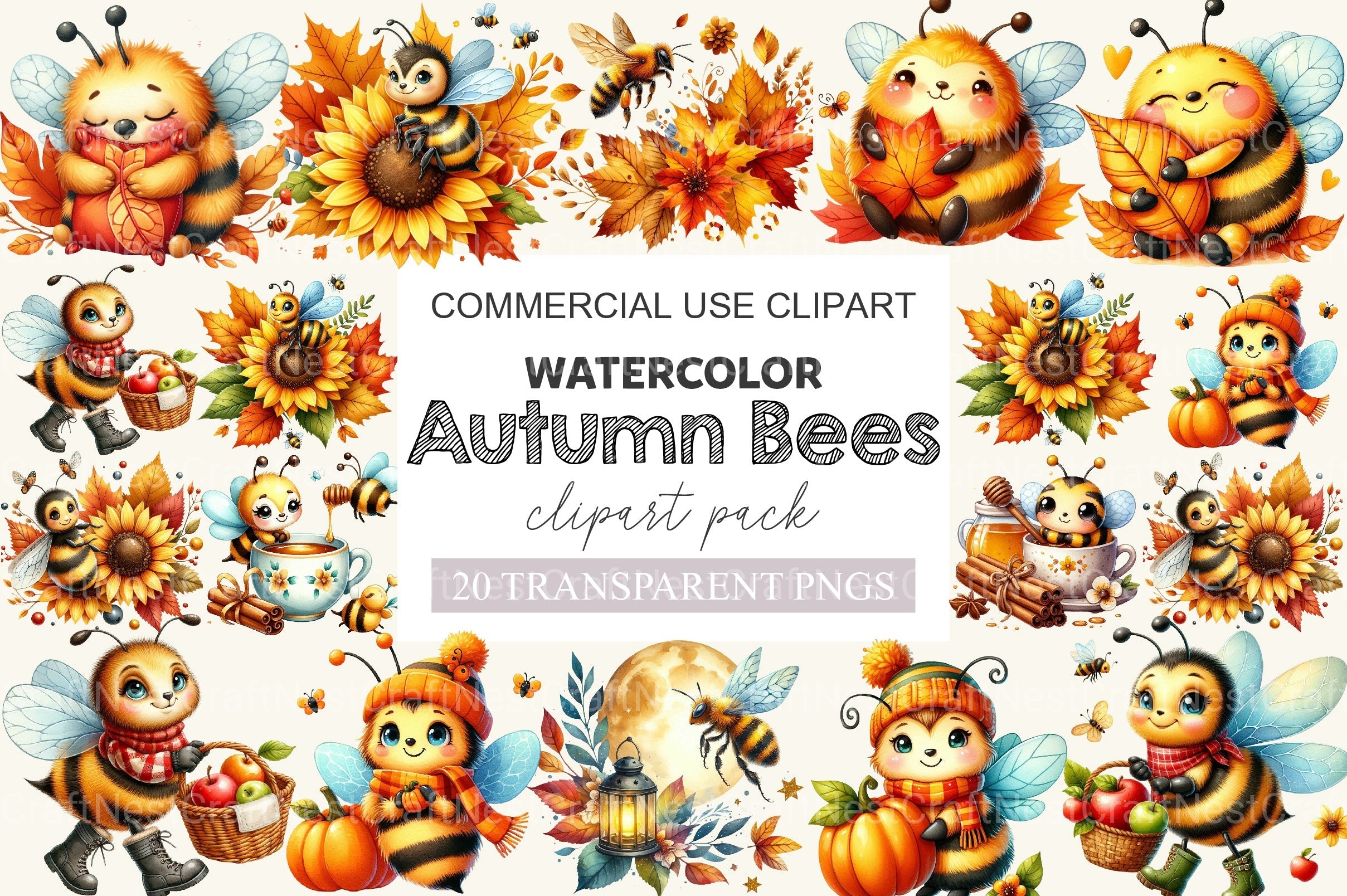 Cute Cartoon Autumn Bees Clipart Bundle