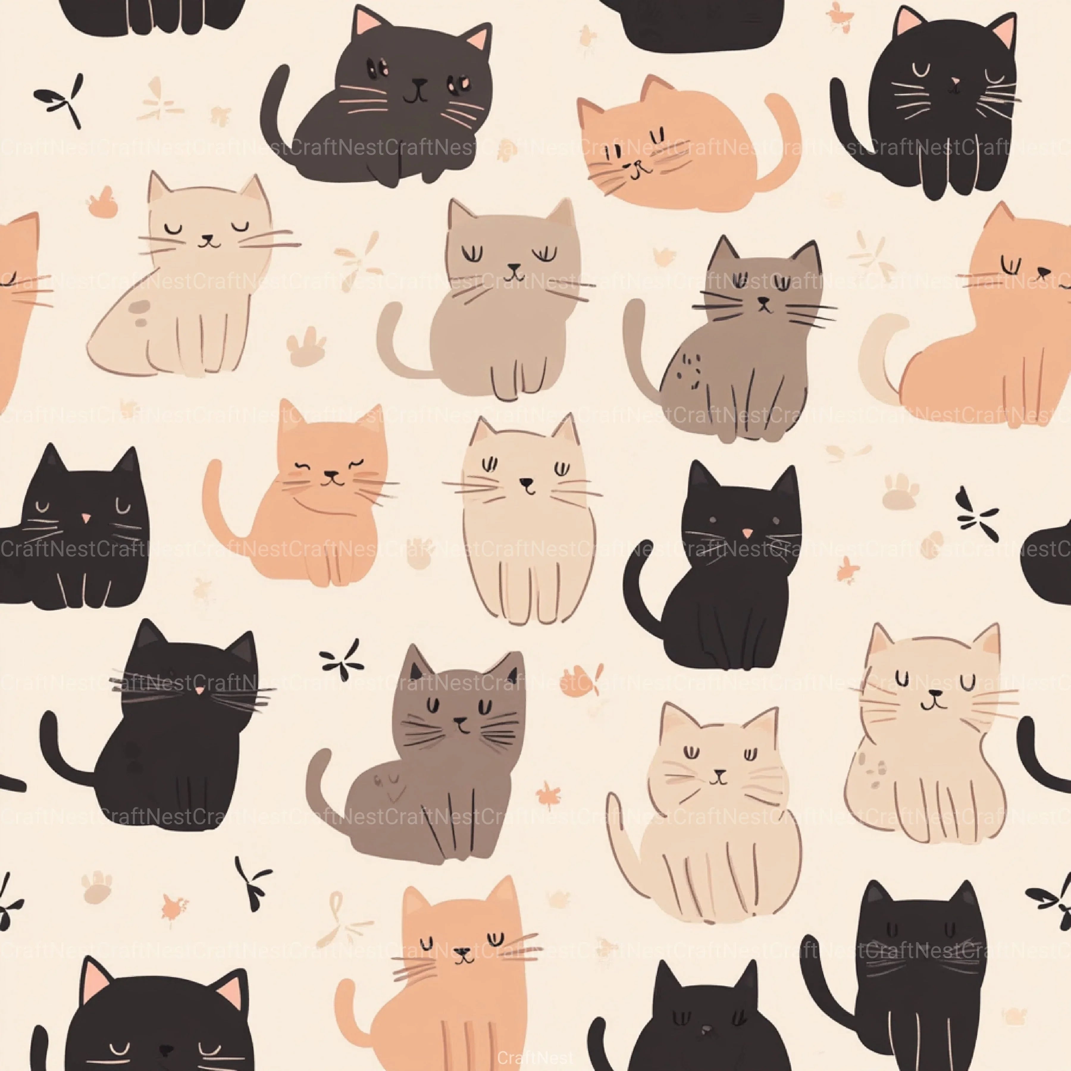 Seamless Kawaii Cute Cats Pattern Digital Paper - CraftNest - Digital Crafting and Art