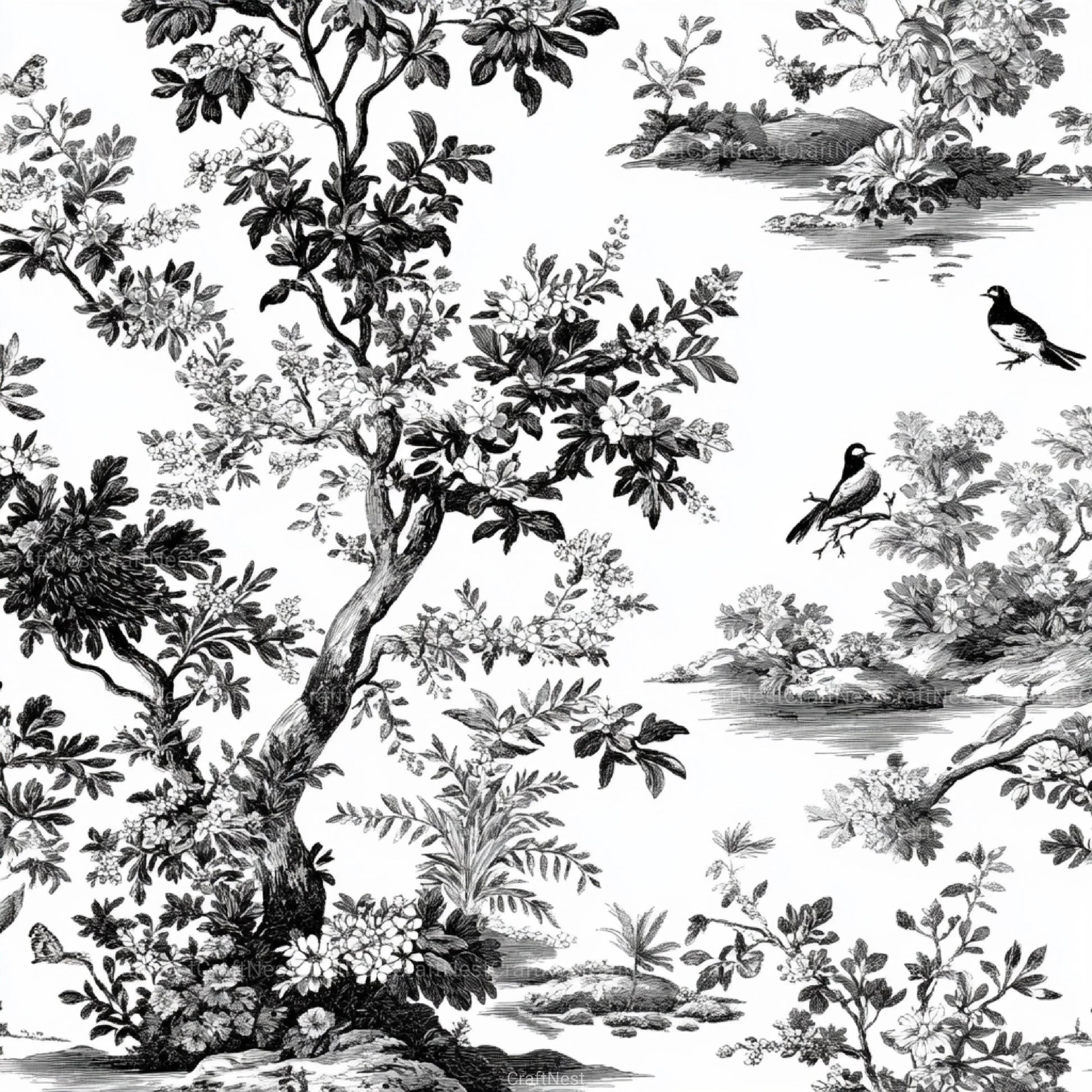 Black White Spring Toile De Jouy Pattern Clipart Bundle - CraftNest - Digital Crafting and Art