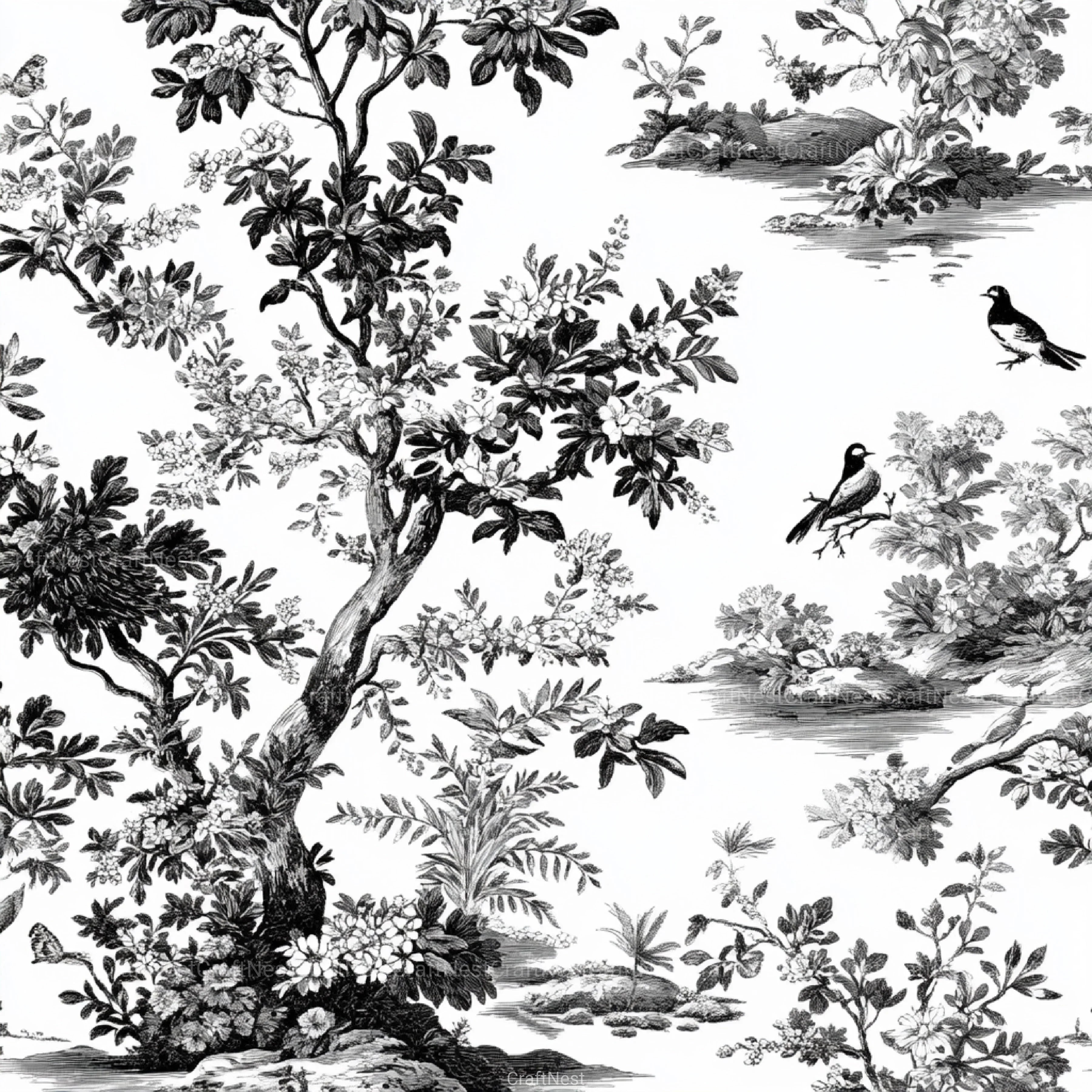 Black White Spring Toile De Jouy Pattern Clipart Bundle - CraftNest - Digital Crafting and Art