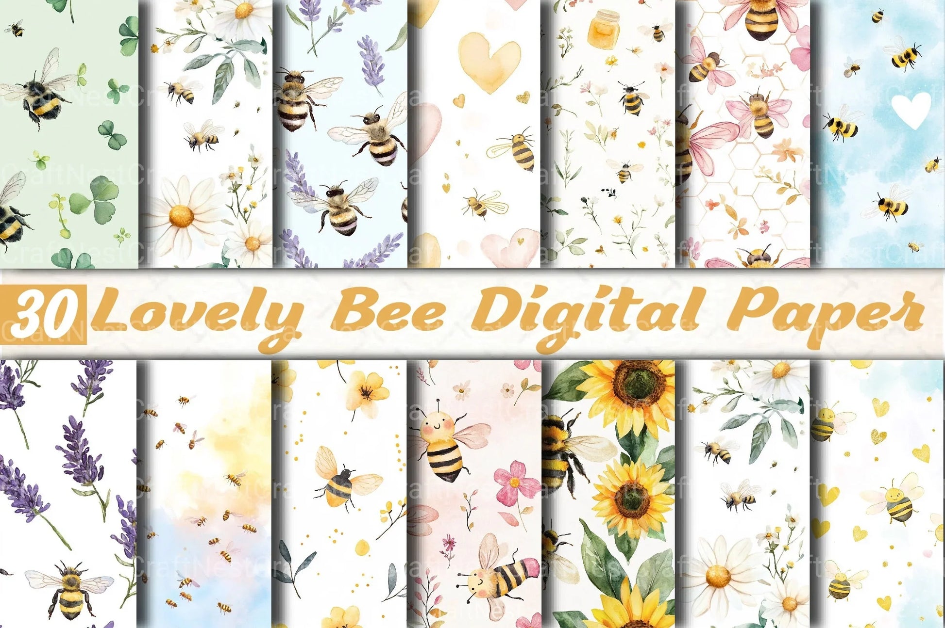 Lovely Bee Digital Paper - CraftNest - Digital Crafting and Art