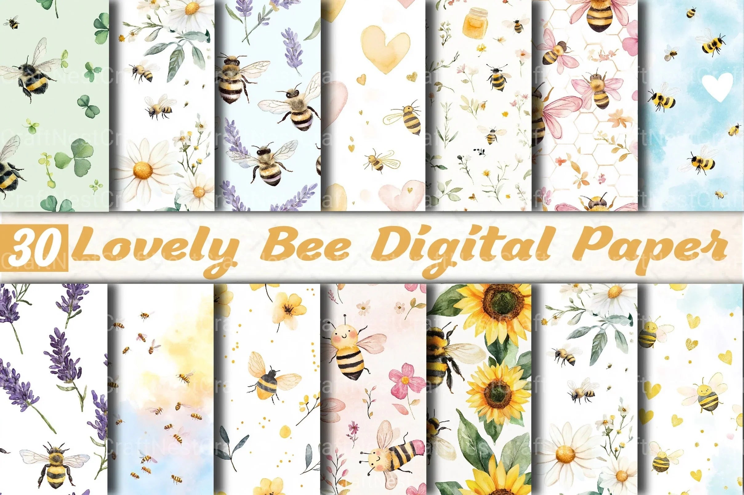 Lovely Bee Digital Paper - CraftNest - Digital Crafting and Art