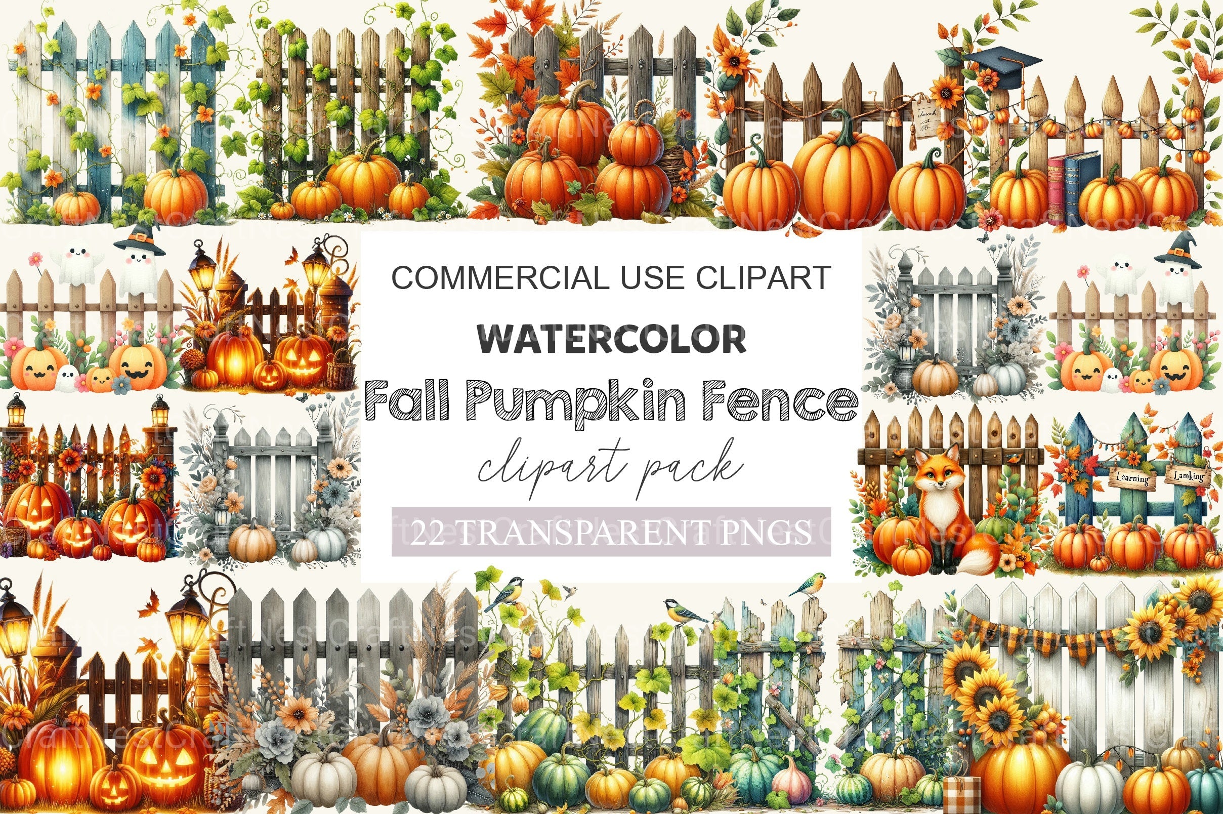 Fall Pumpkin Fence Clipart Bundle