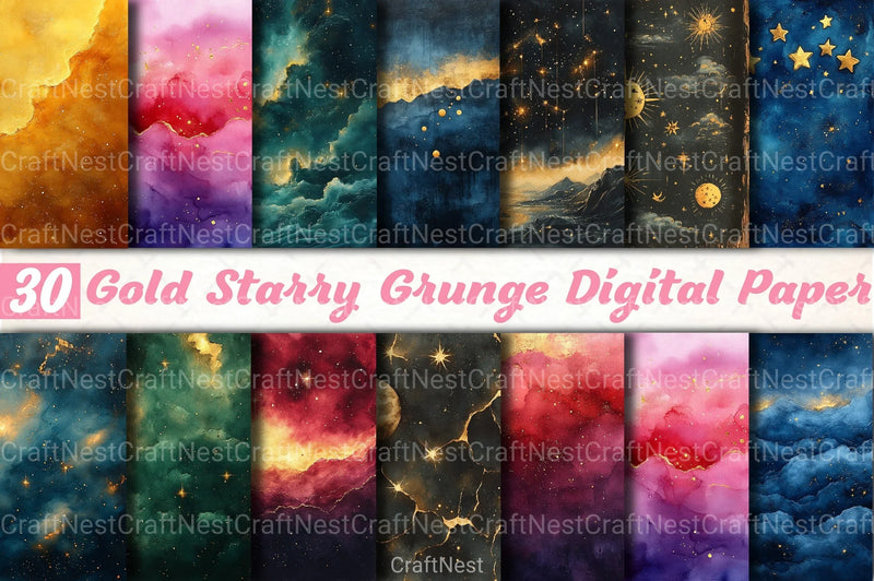 Gold Starry Grunge Digital Paper 4 - CraftNest - Digital Crafting and Art