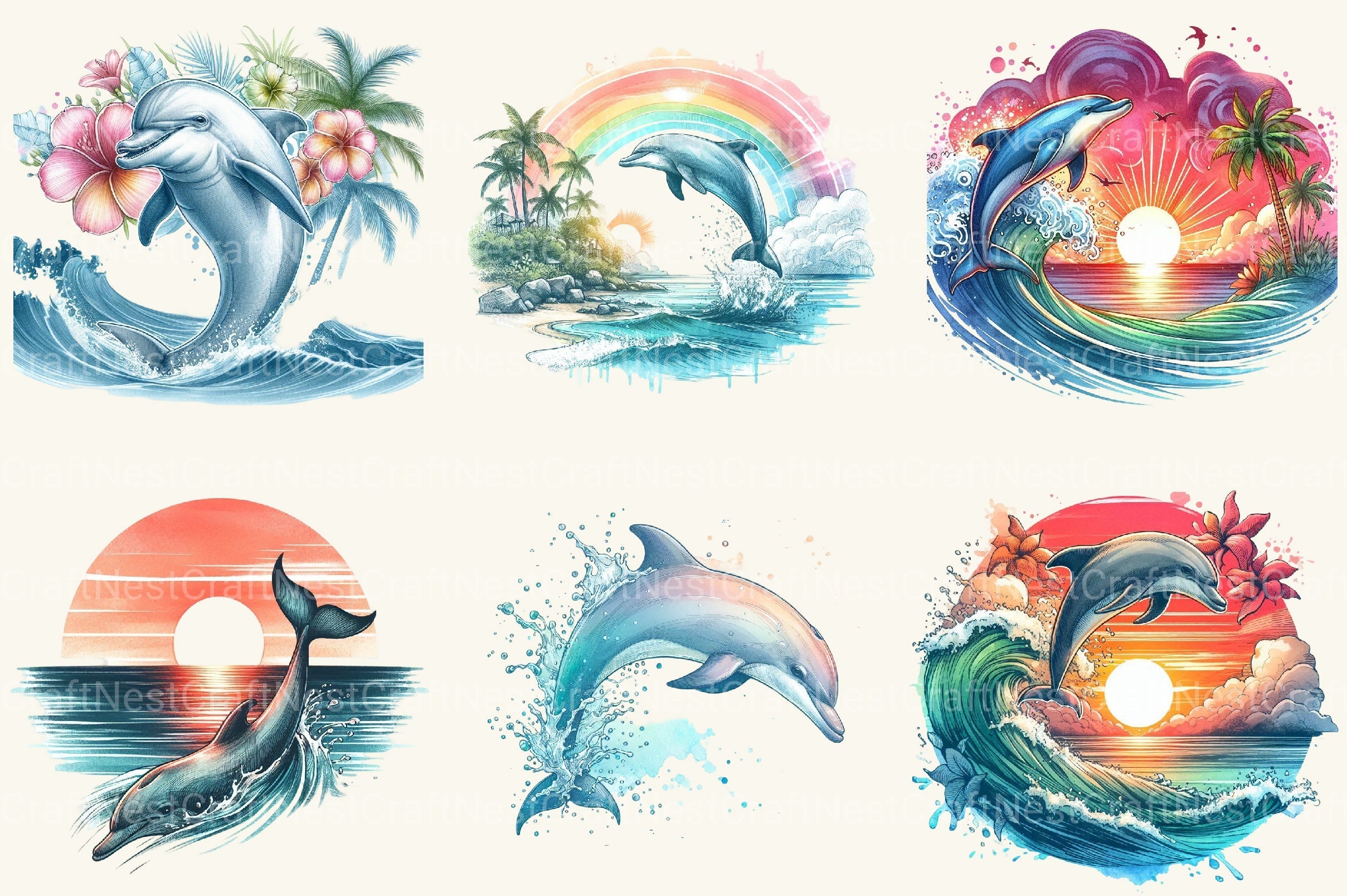 Tropical Dolphins Clipart Bundle